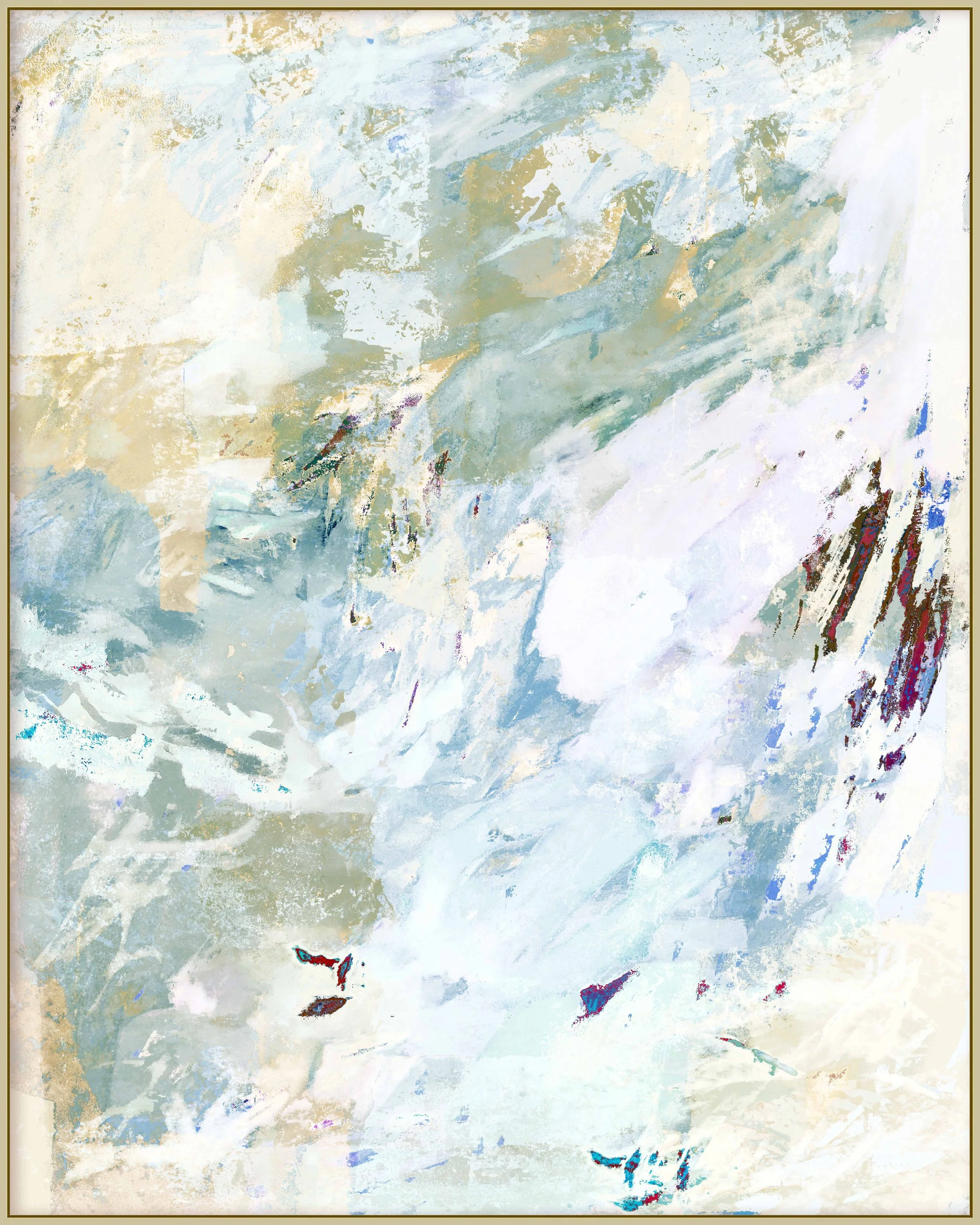 Abstract painting with swirling blue, white, gray, and beige tones, with some red and purple accents, resembling a abstract ocean scene or stormy sky.
