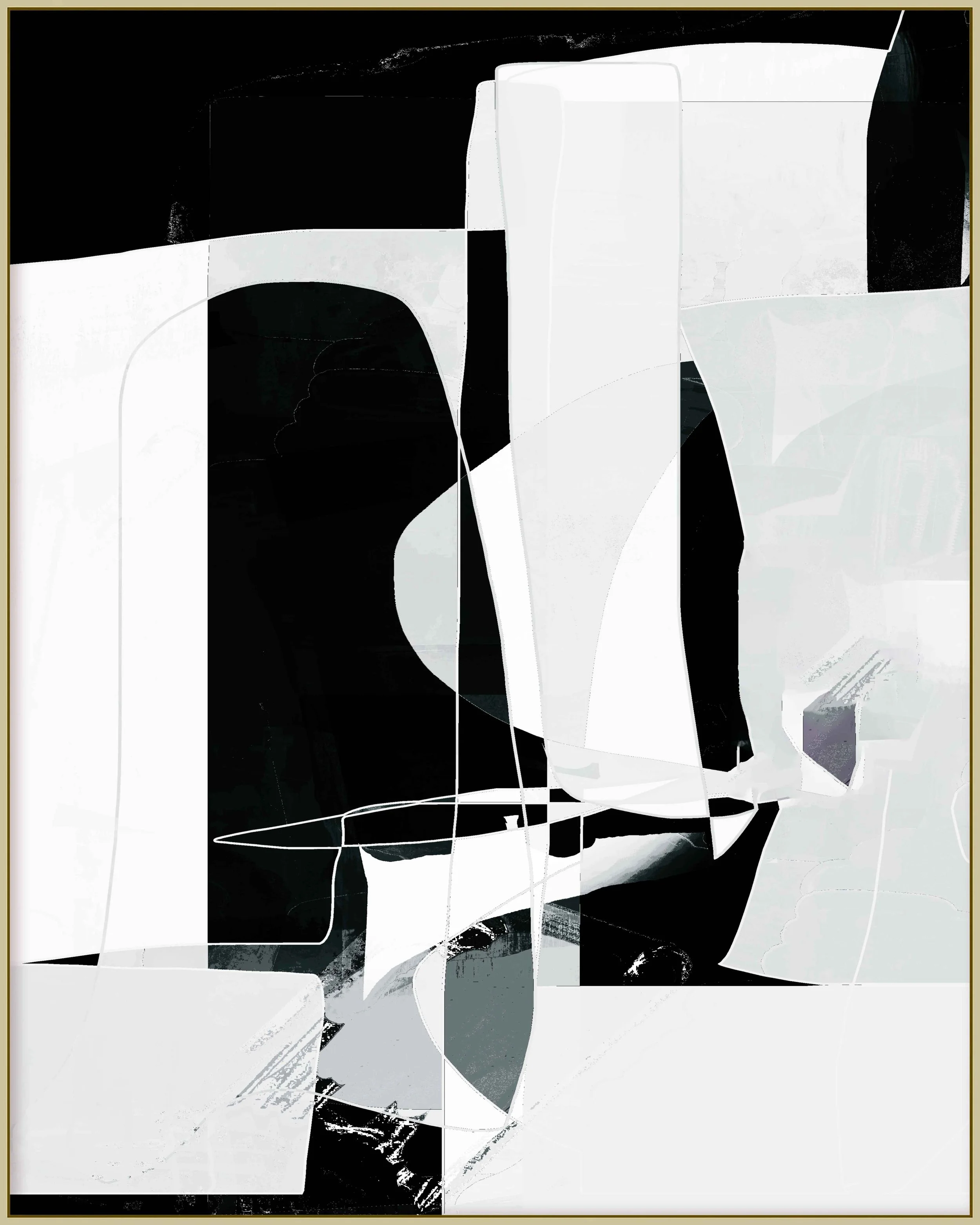 Abstract black and white digital artwork with geometric shapes, lines, and contrasting light and dark areas.