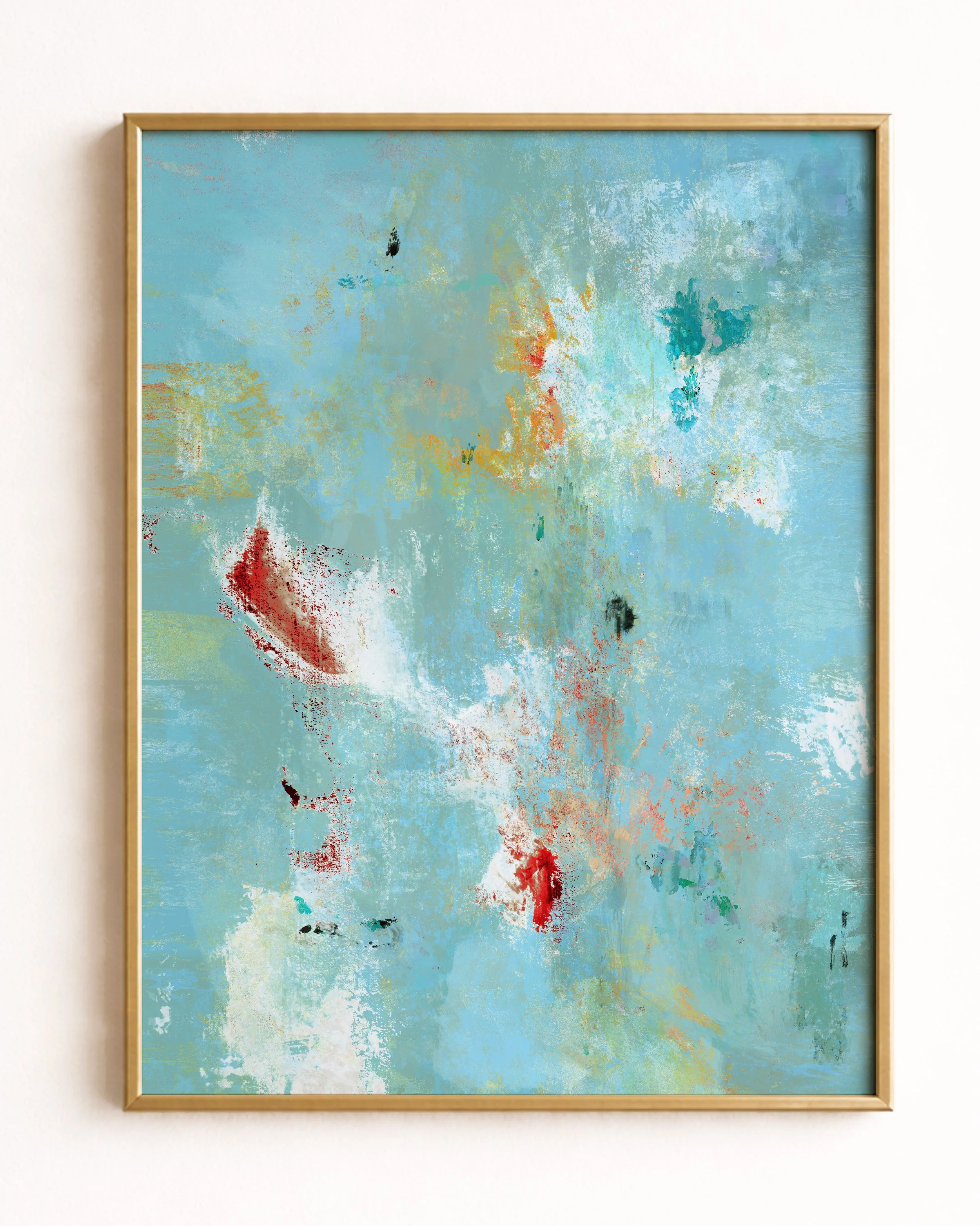 Abstract expressionist painting with predominantly blue, green, and red colors and textured brushstrokes.