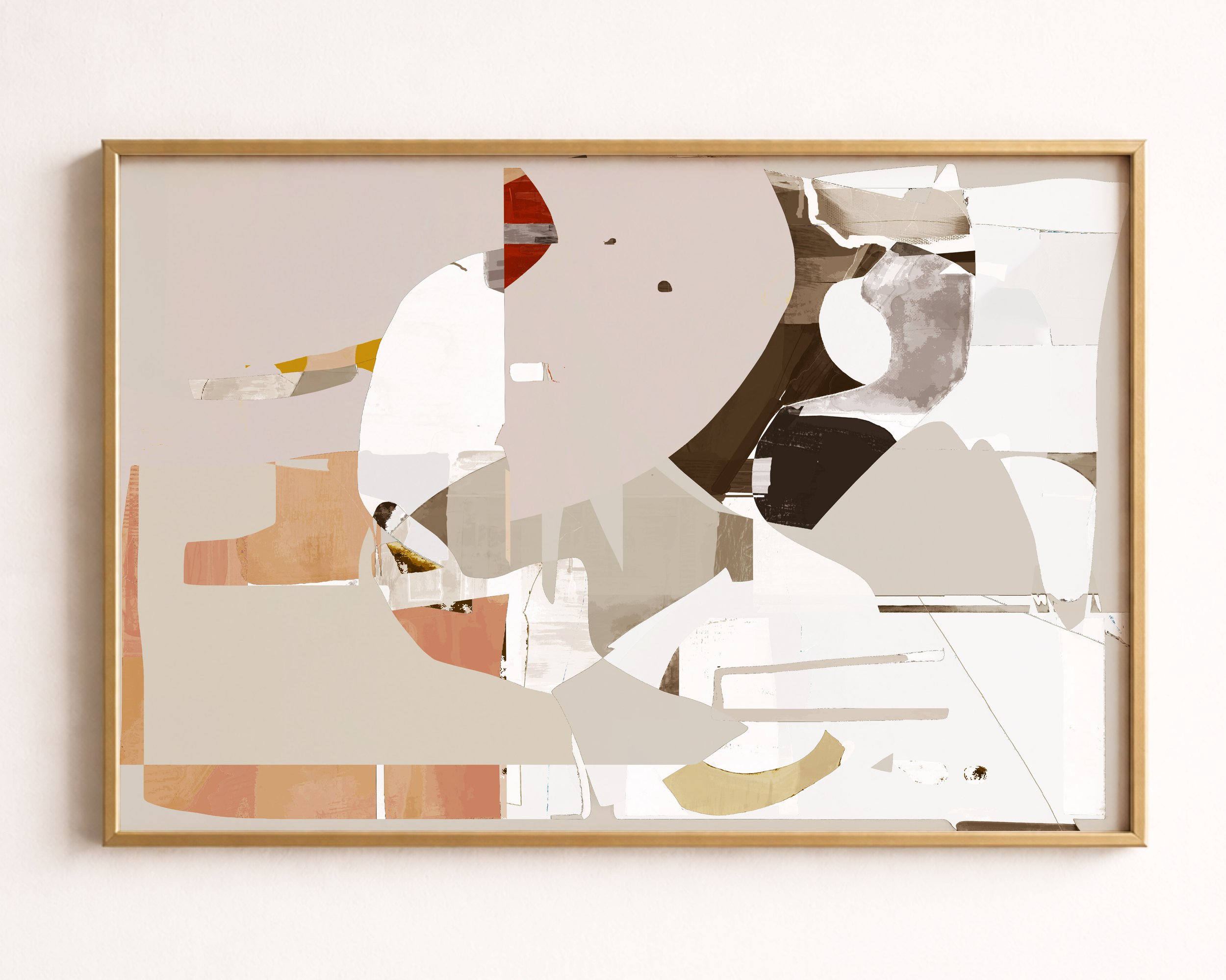Abstract collage with fragments of images and colors, including beige, brown, black, and hints of white and orange, arranged in a layered, geometric composition.