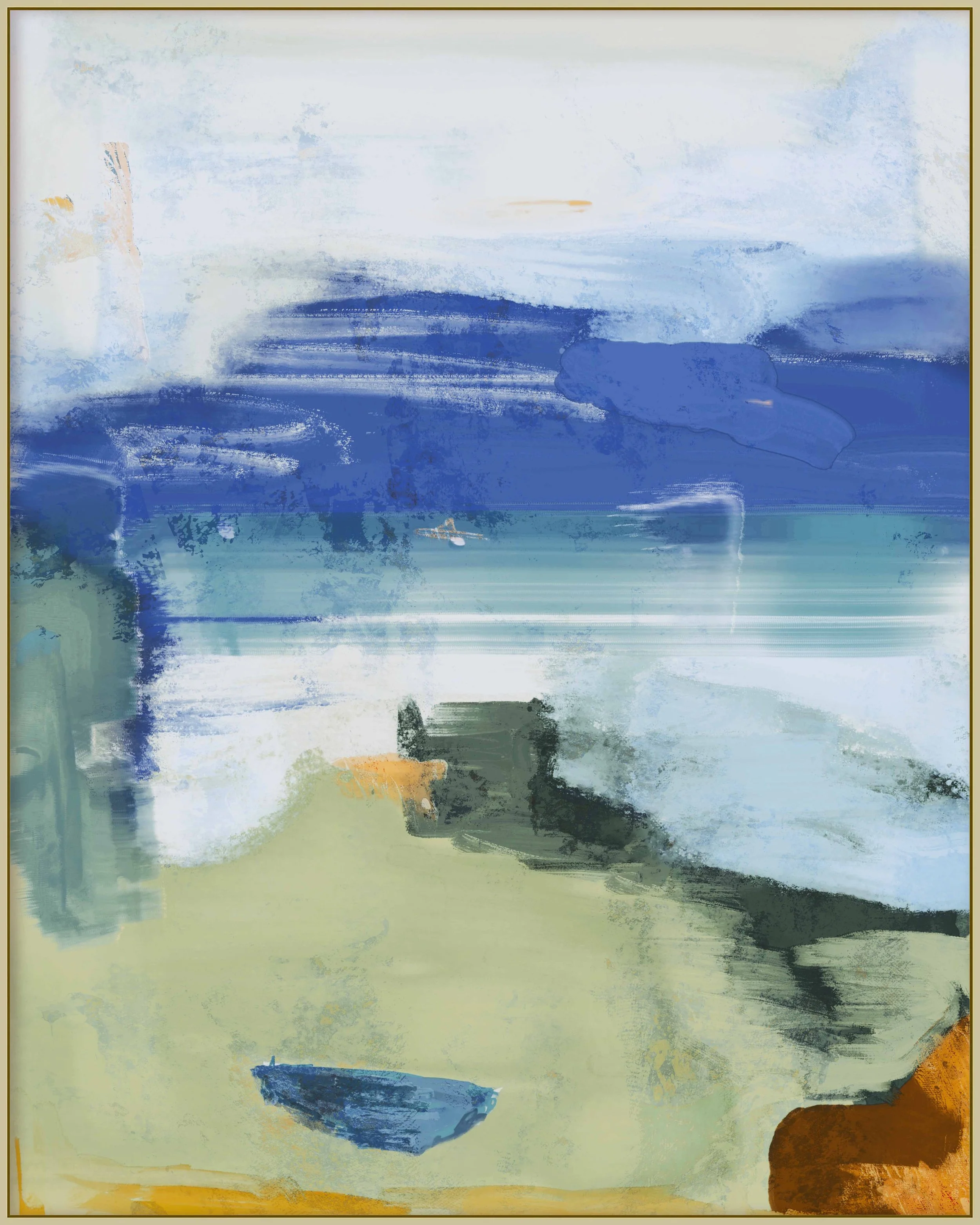 Abstract landscape with blue, green, yellow, and orange brushstrokes.