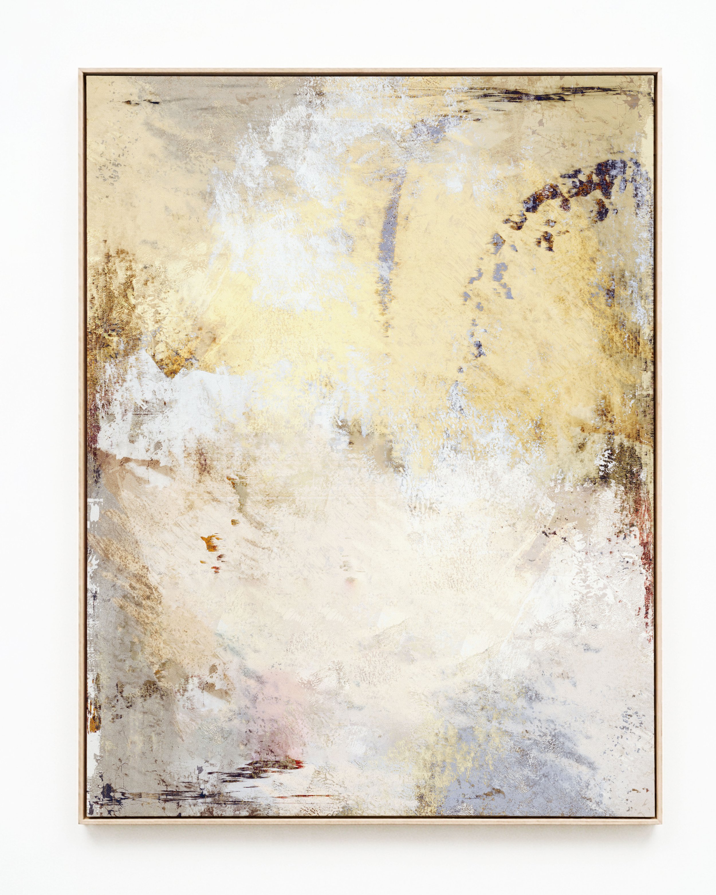 Abstract artistic painting with light beige, cream, and hints of yellow, brown, and purple colors.