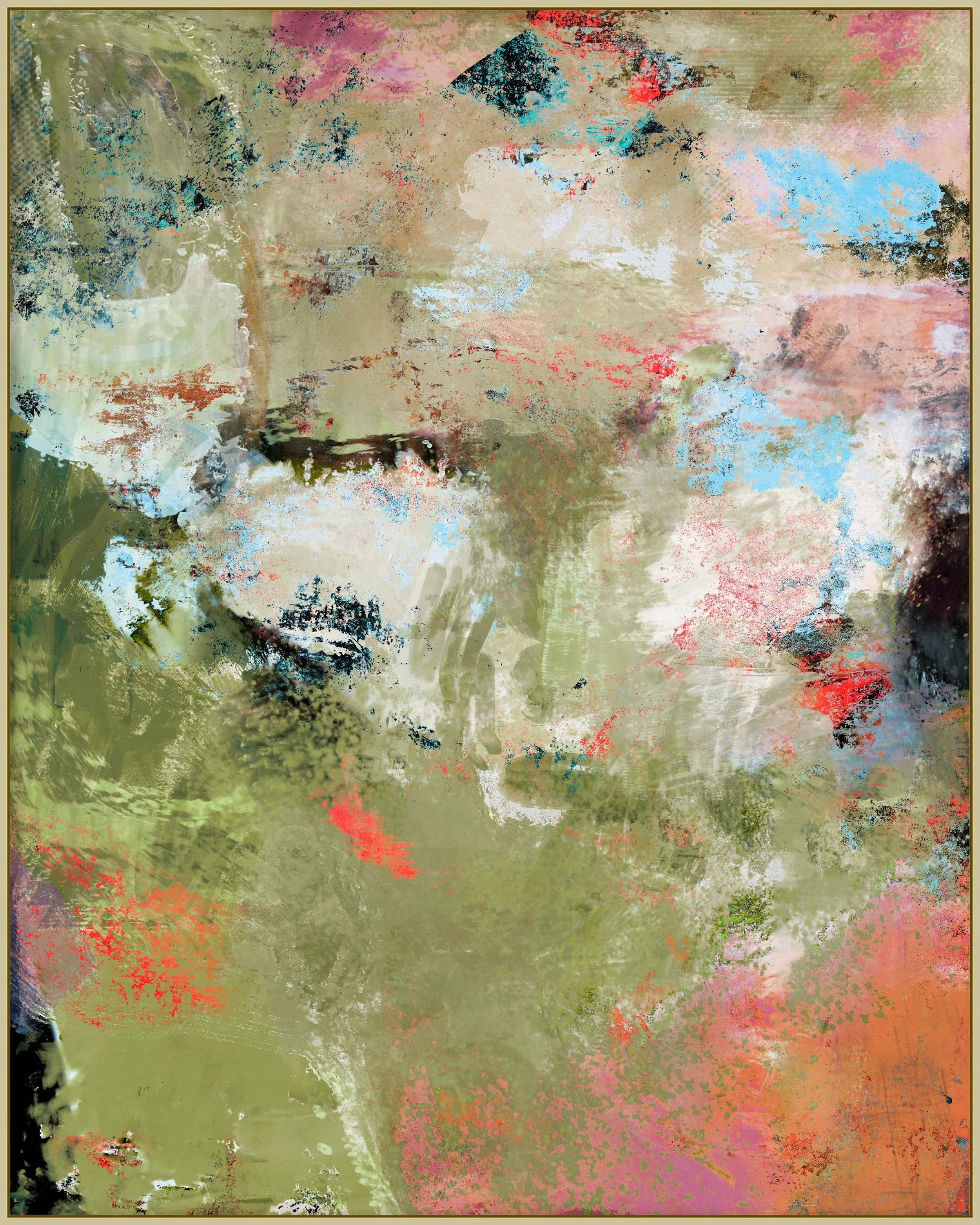 Abstract painting with green, orange, pink, white, and black brushstrokes.