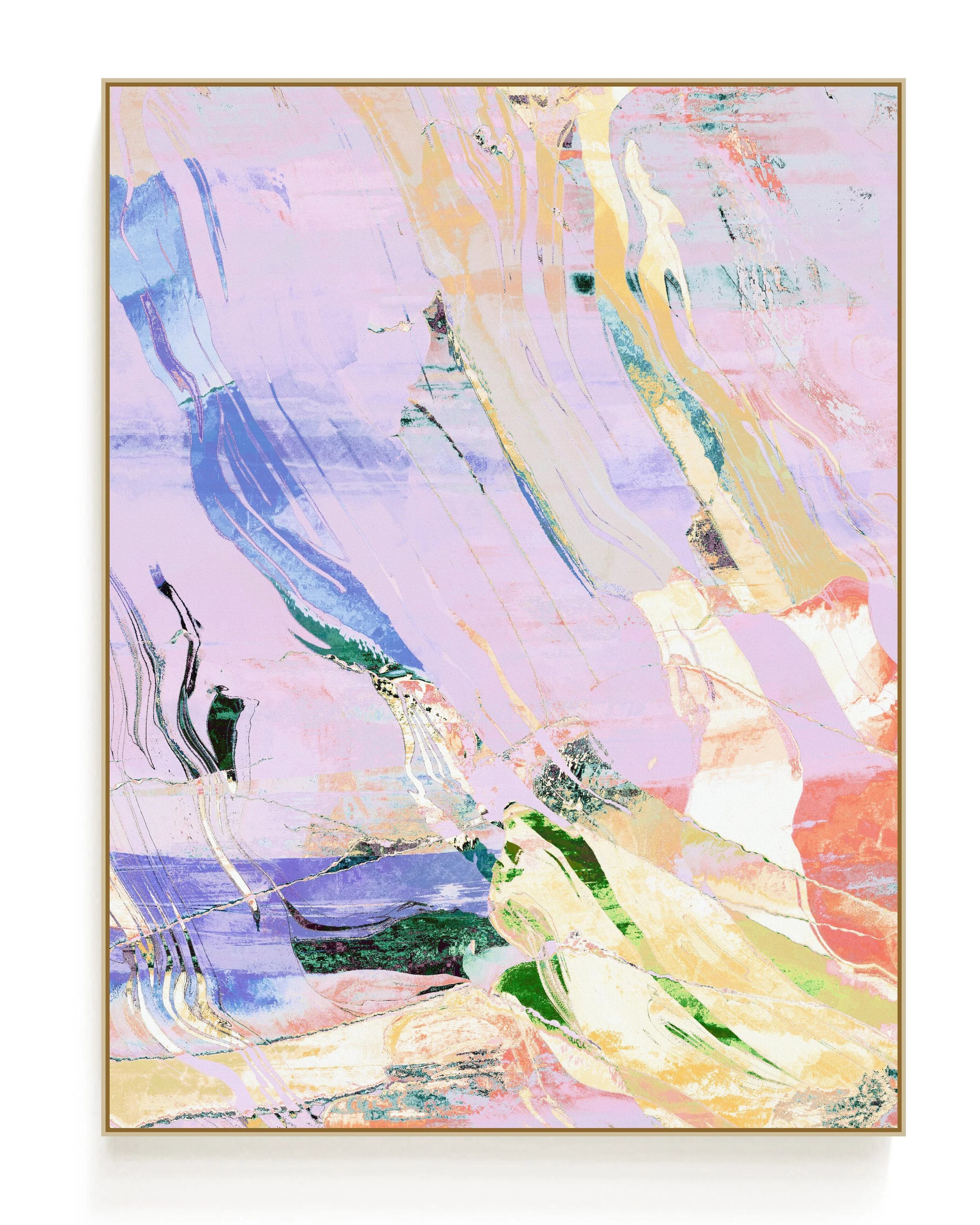 Abstract artwork with pastel colors of pink, purple, yellow, blue, green, and black, featuring swirling and streaking patterns.