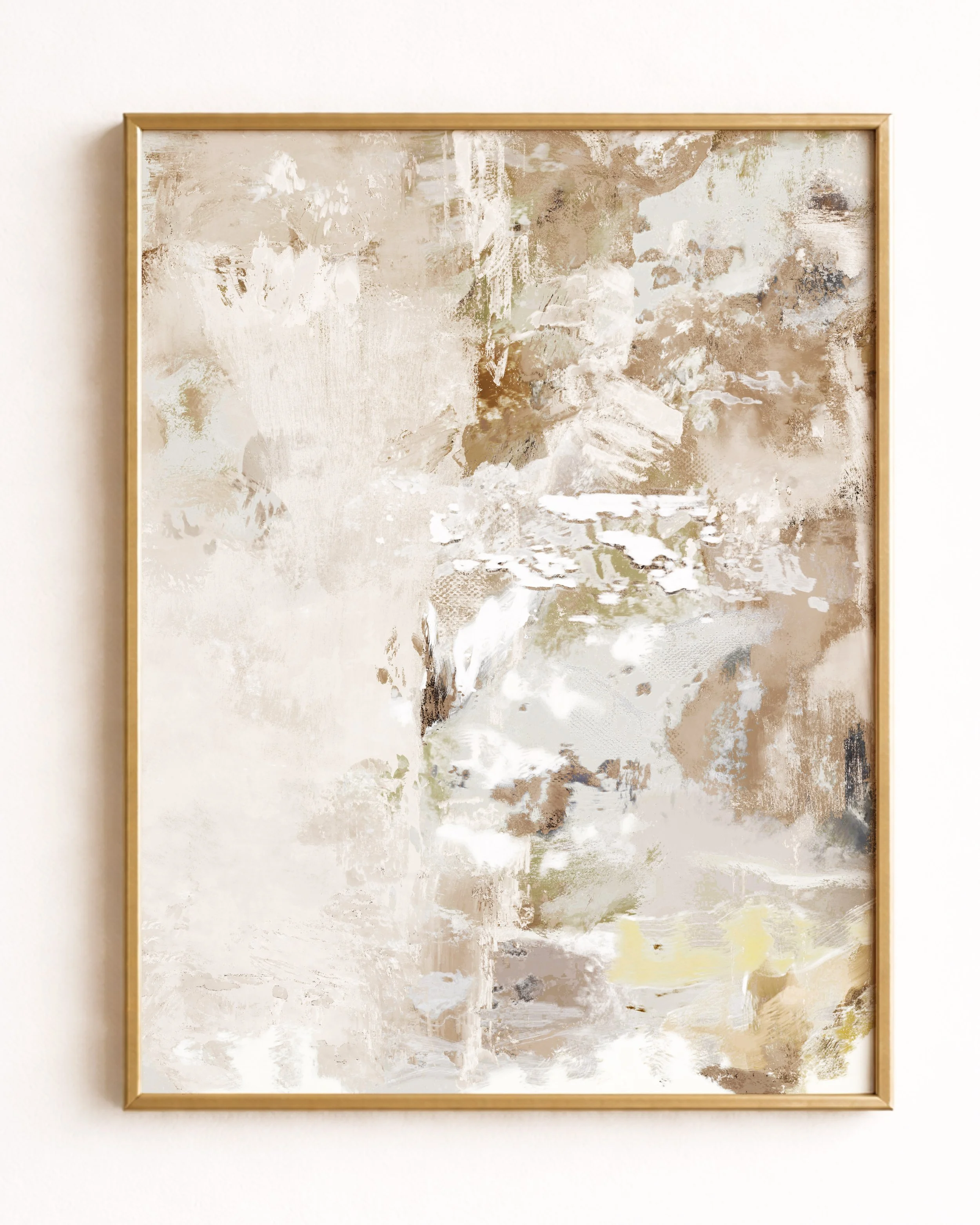 Abstract painting with neutral tones of beige, white, and light gray, with textured brushstrokes and layered paint.