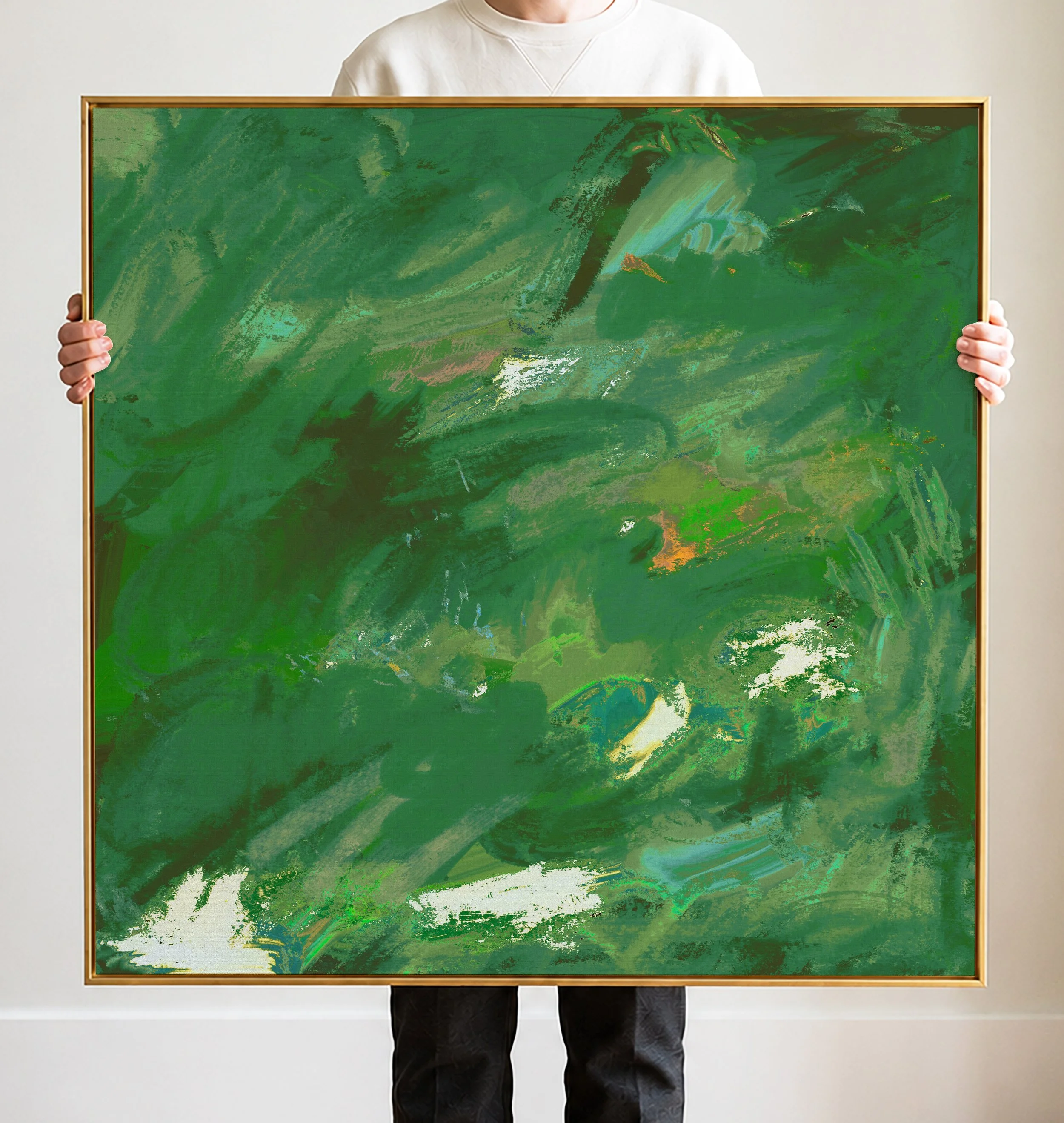Abstract painting with swirling green, teal, and hints of orange and white brushstrokes.