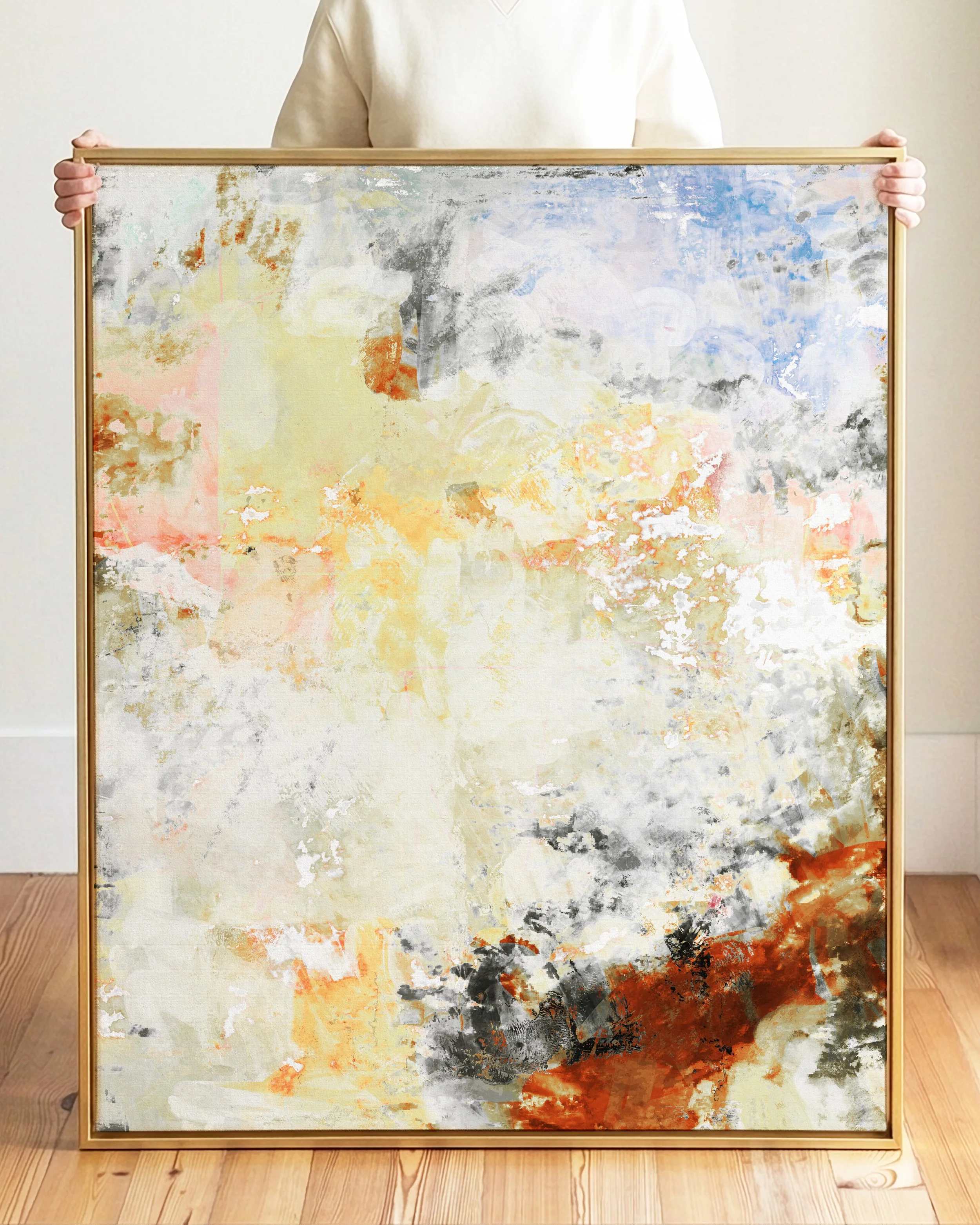 Abstract watercolor painting with splashes of orange, black, yellow, and white, blending into a soft, textured background.