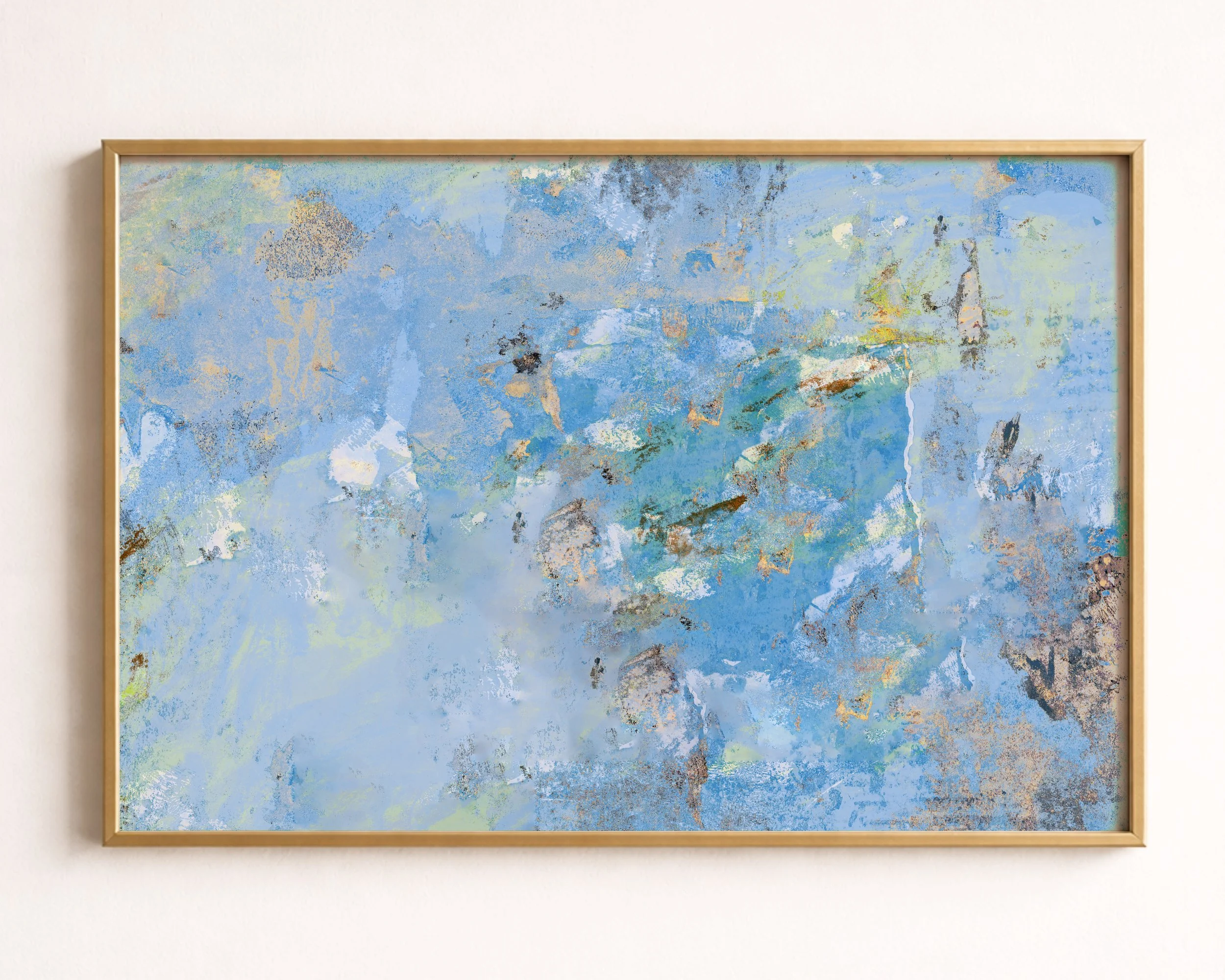 An abstract painting with a predominantly blue color palette, featuring various strokes and textures with hints of green, white, brown, and black.