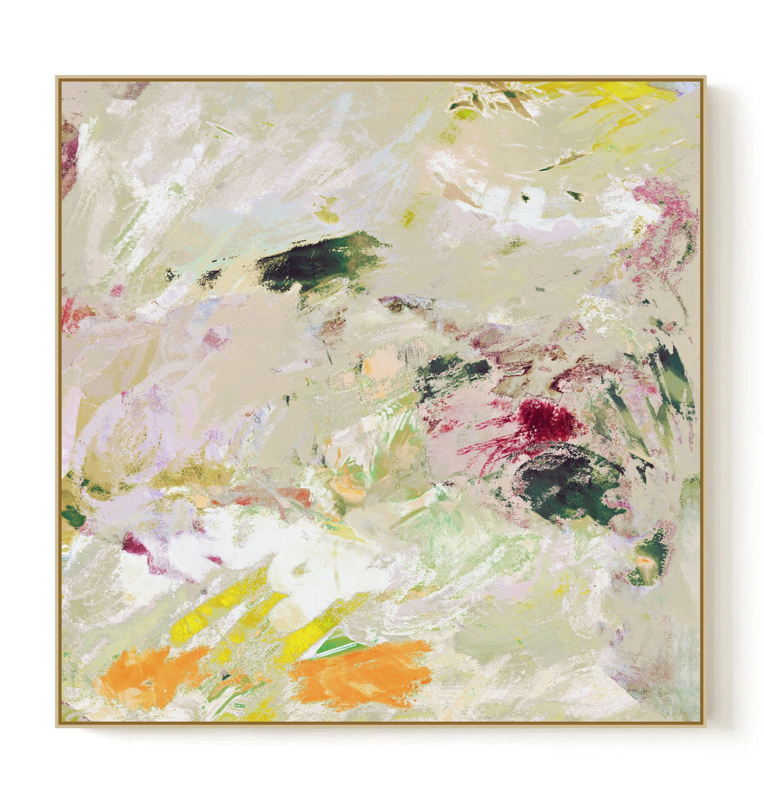 Abstract impressionist painting with broad brushstrokes in various pastel shades, including green, orange, white, and purple, creating a textured and colorful composition.