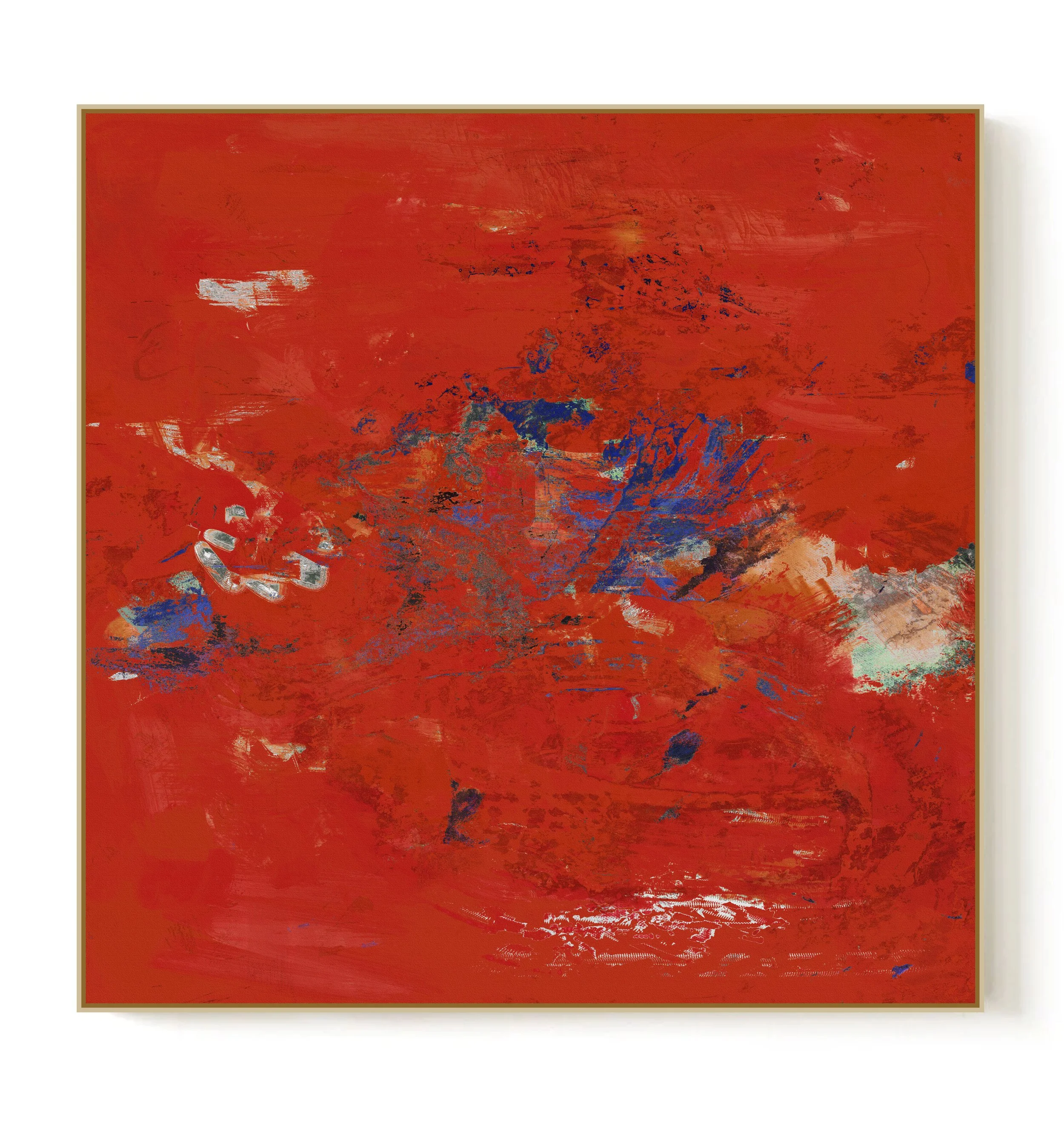 Abstract painting with a primarily red background accented by blue, black, and white brushstrokes and textures.