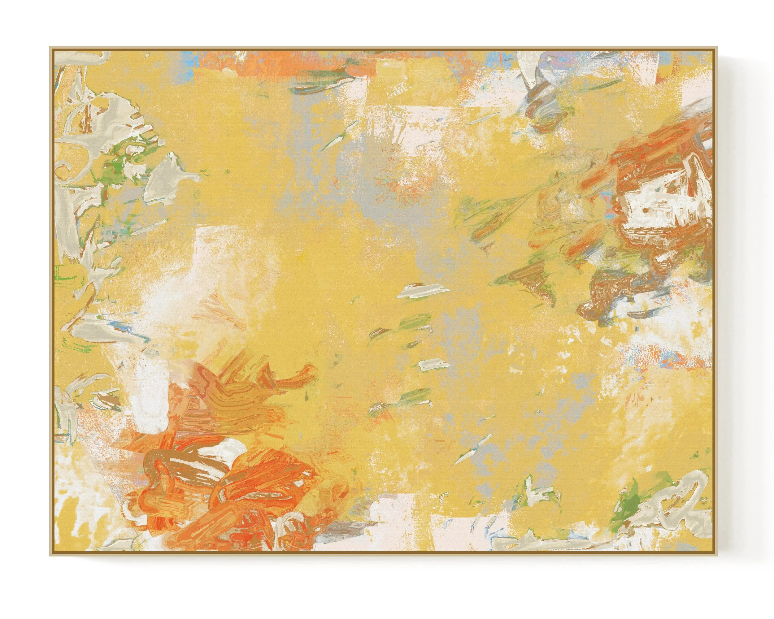 Abstract painting with dominant yellow, orange, and beige tones, with hints of green, white, and blue.