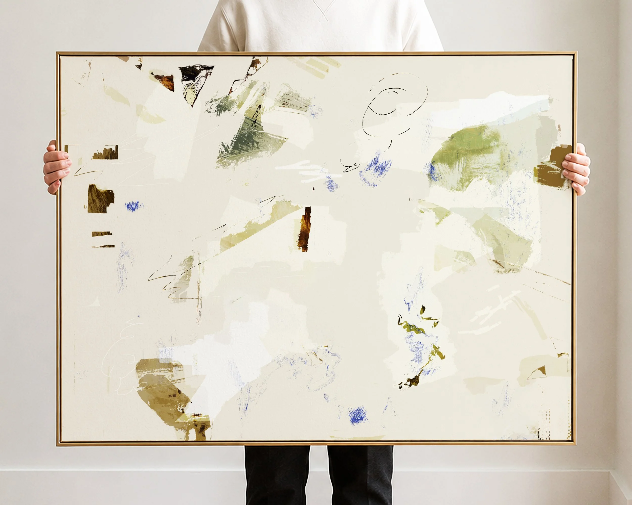 Abstract digital artwork with light background, splashes of green, blue, brown, beige, and black, featuring random brushstrokes, scribbles, and geometric shapes.