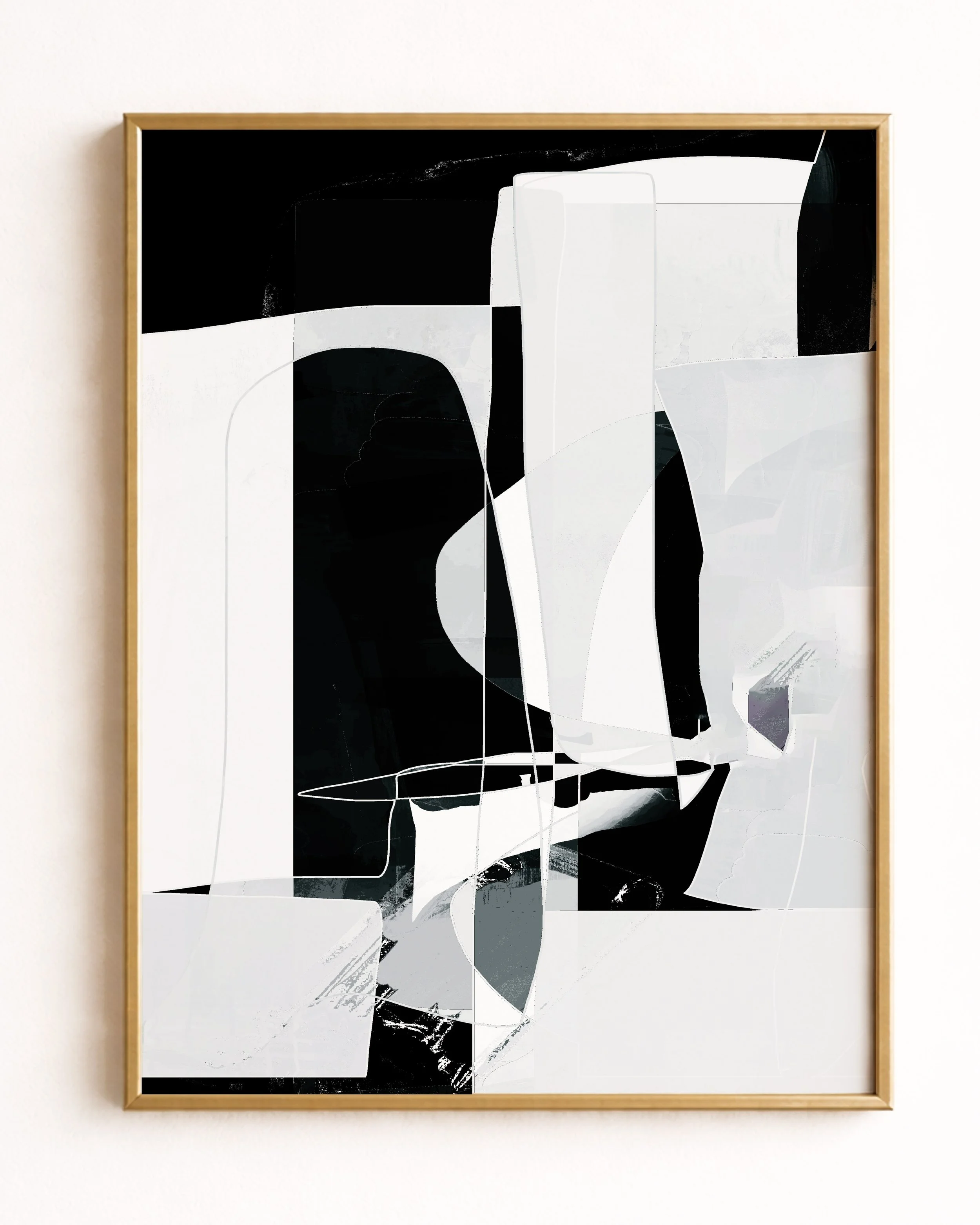 Abstract black and white digital artwork with geometric shapes, lines, and contrasting light and dark areas.