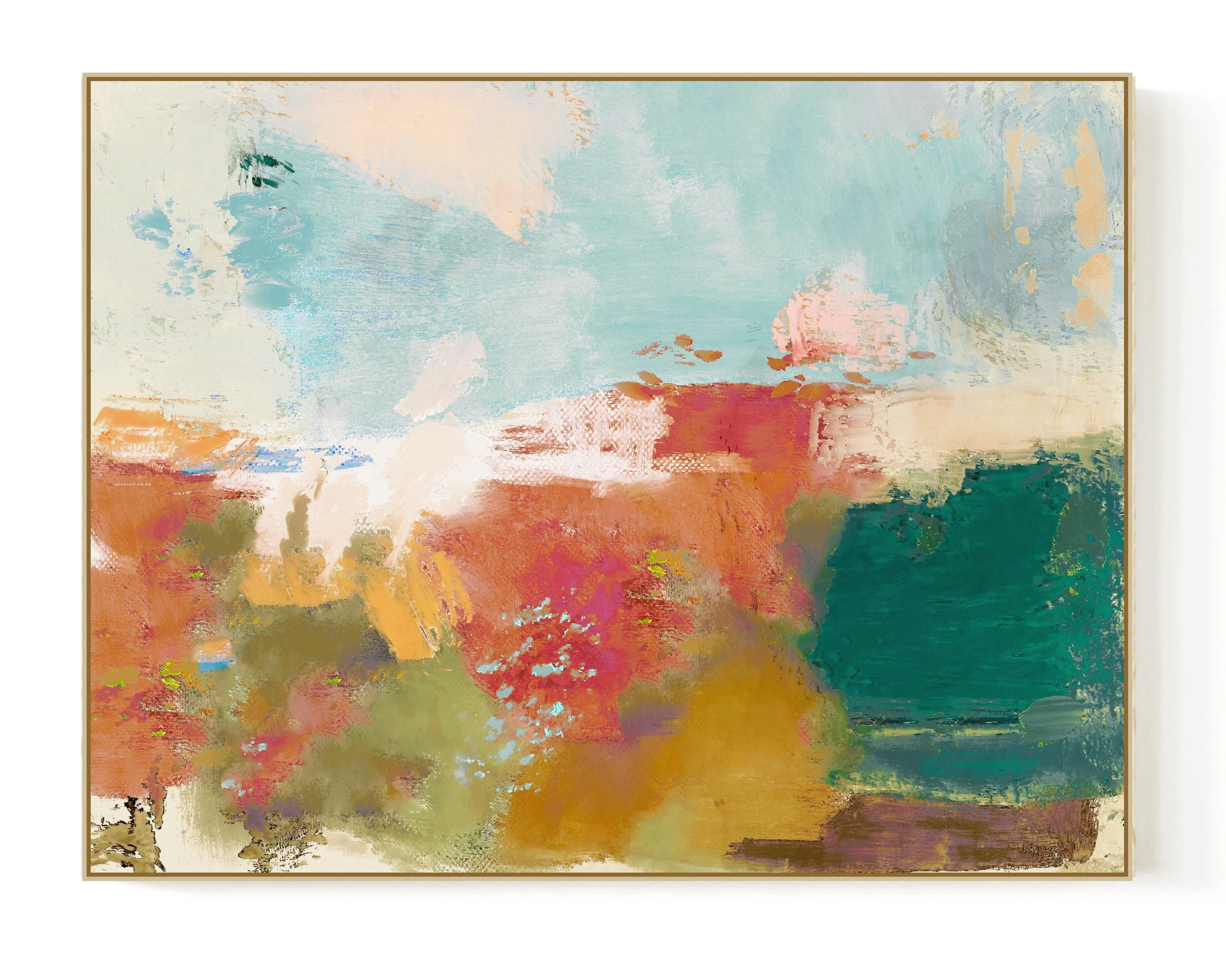Abstract painting with a mix of pastel and earth-tone colors, including blue, pink, green, orange, and beige.