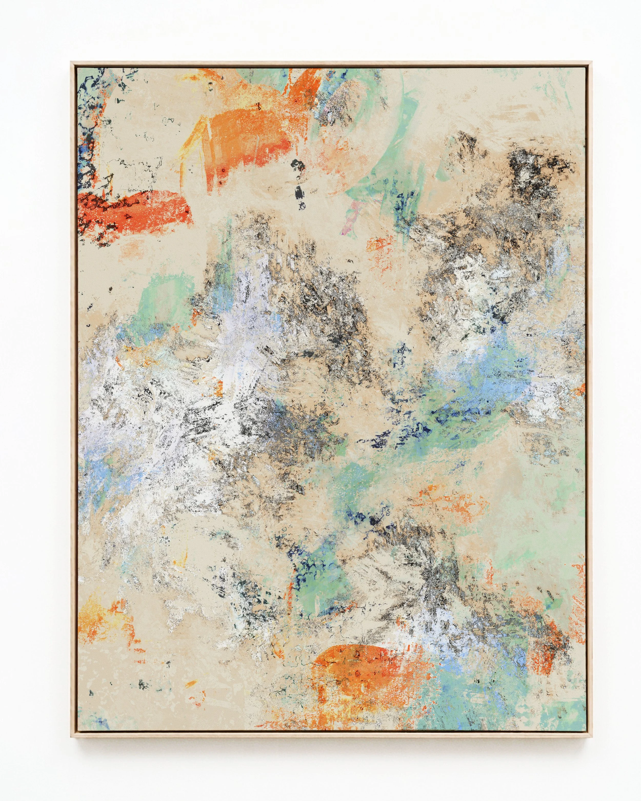 An abstract painting with pastel and earthy tones, including orange, beige, blue, green, black, and white, with a textured, layered appearance.