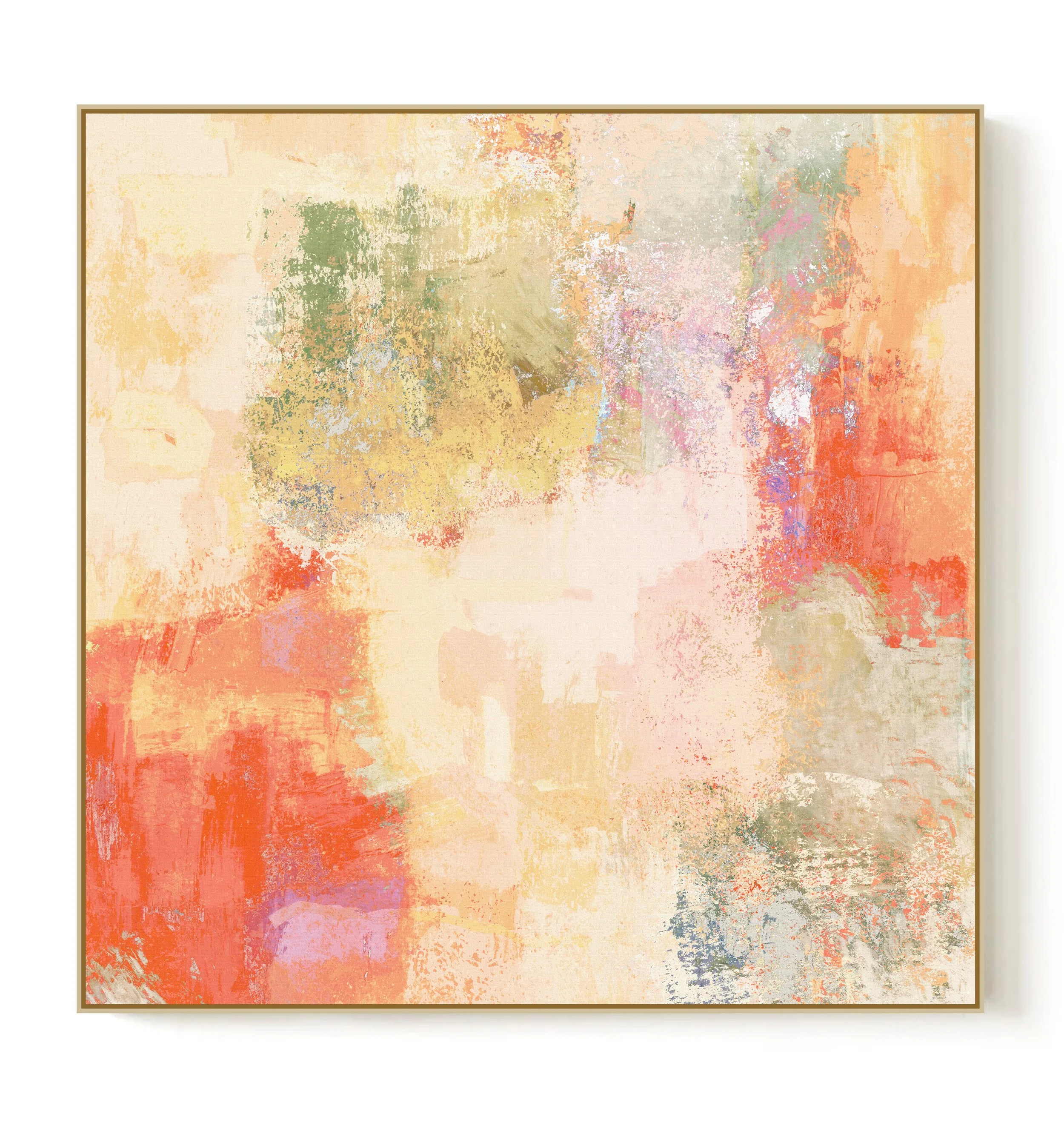 Abstract pastel-colored painting with shades of yellow, orange, pink, and green, featuring textured and blended brushstrokes.