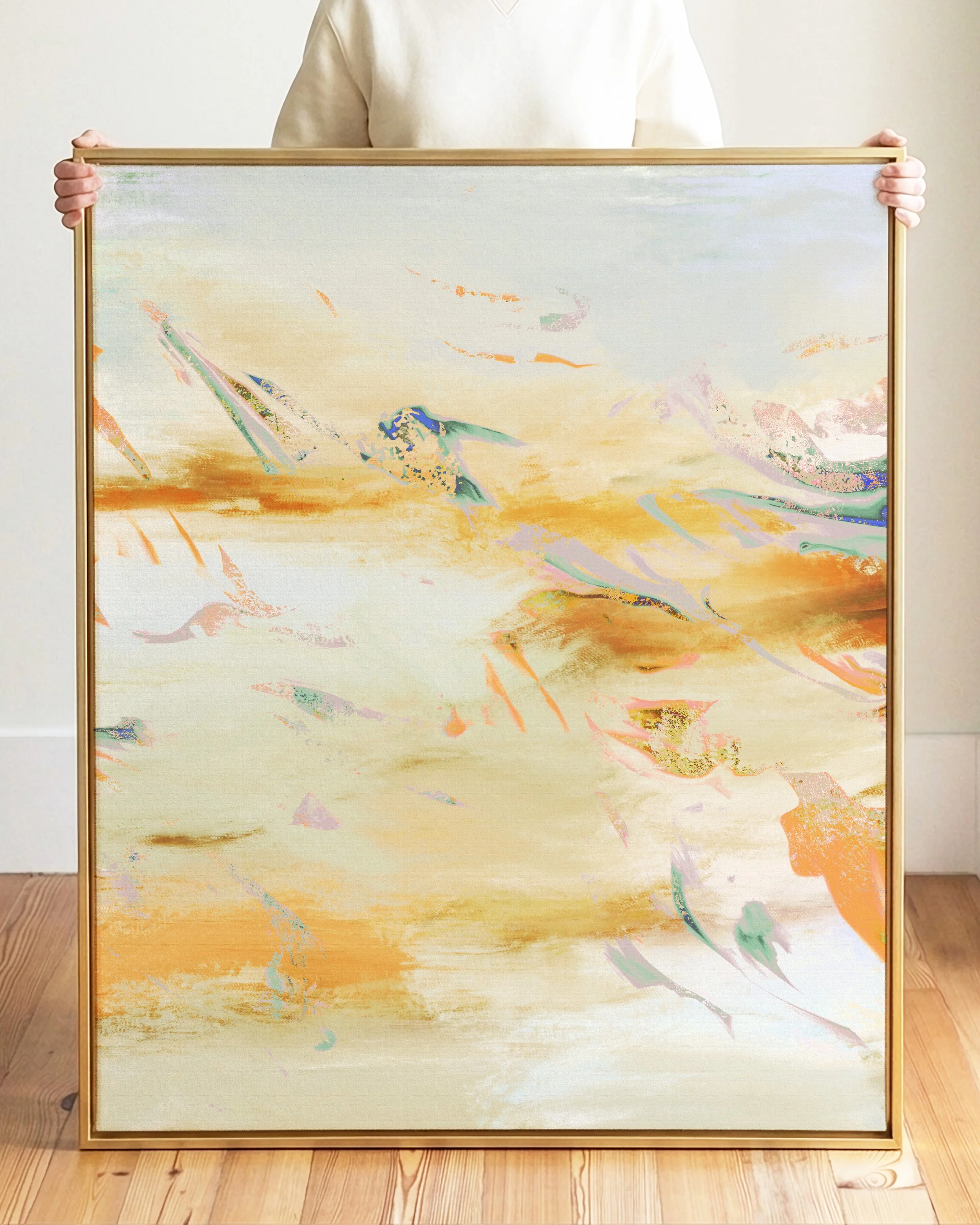 Abstract watercolor painting featuring pastel shades of orange, pink, purple, blue, and green with indistinct shapes and brushstrokes.