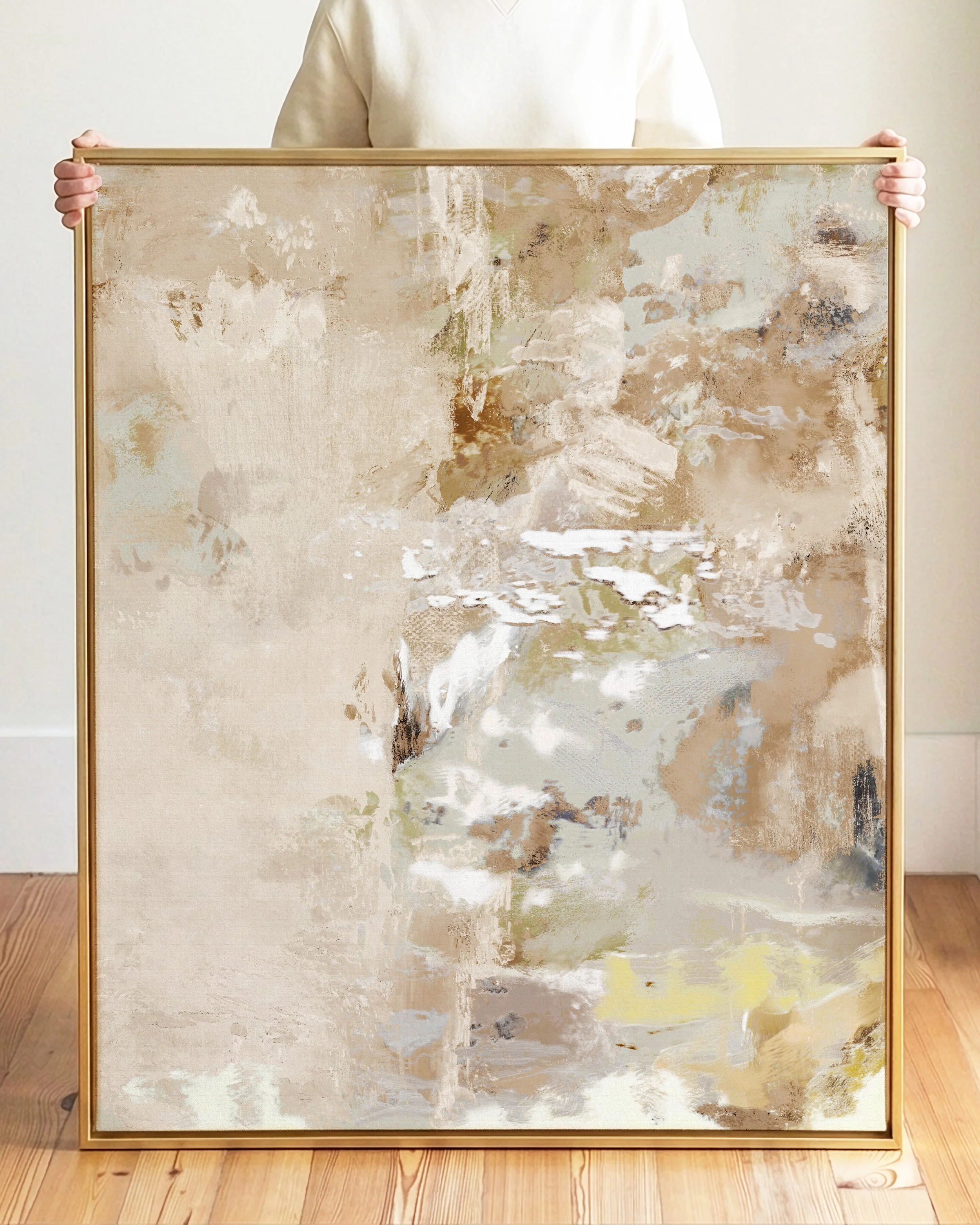 Abstract painting with neutral tones of beige, white, and light gray, with textured brushstrokes and layered paint.