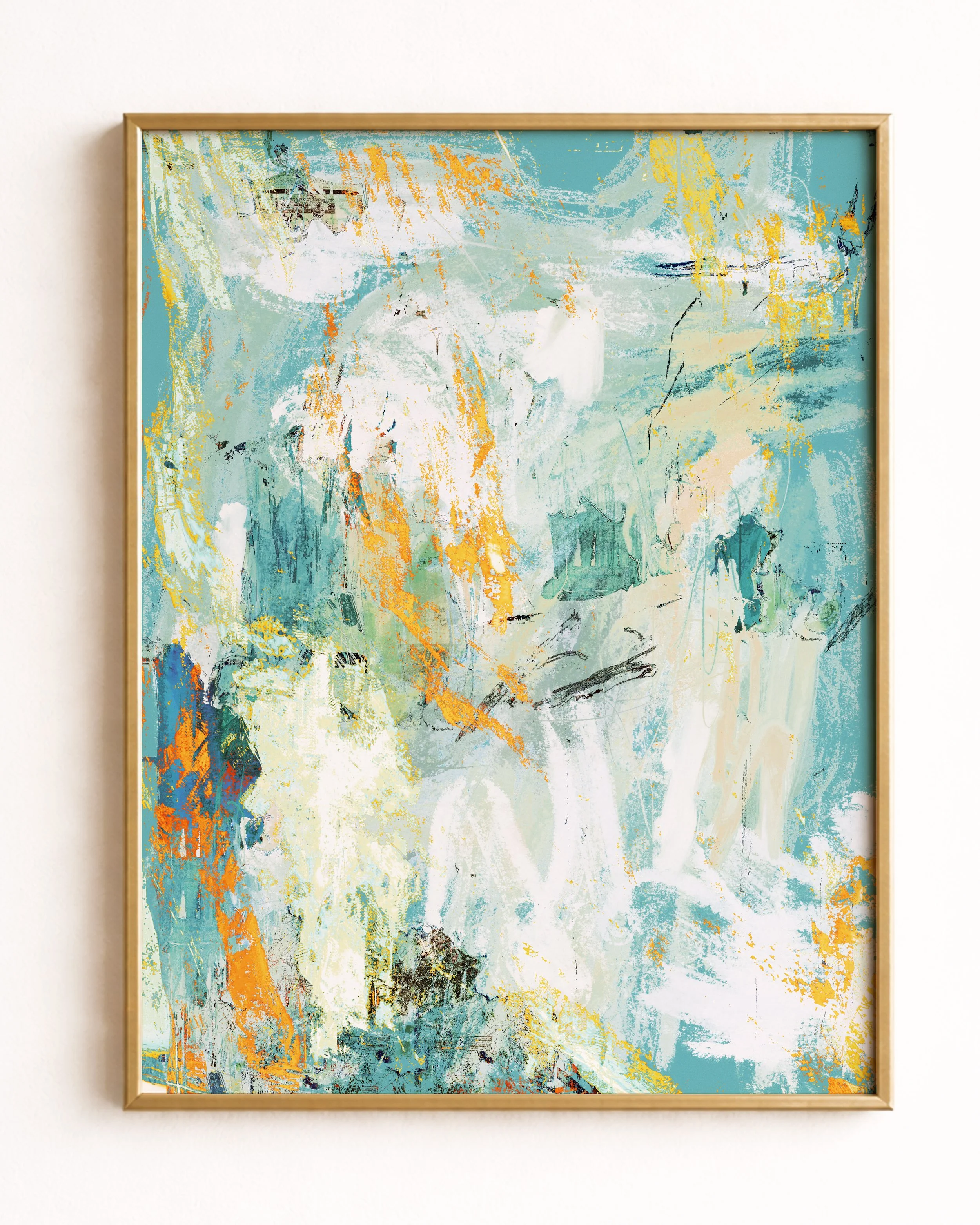 Abstract painting with blue, white, yellow, orange, and black brushstrokes and textures.