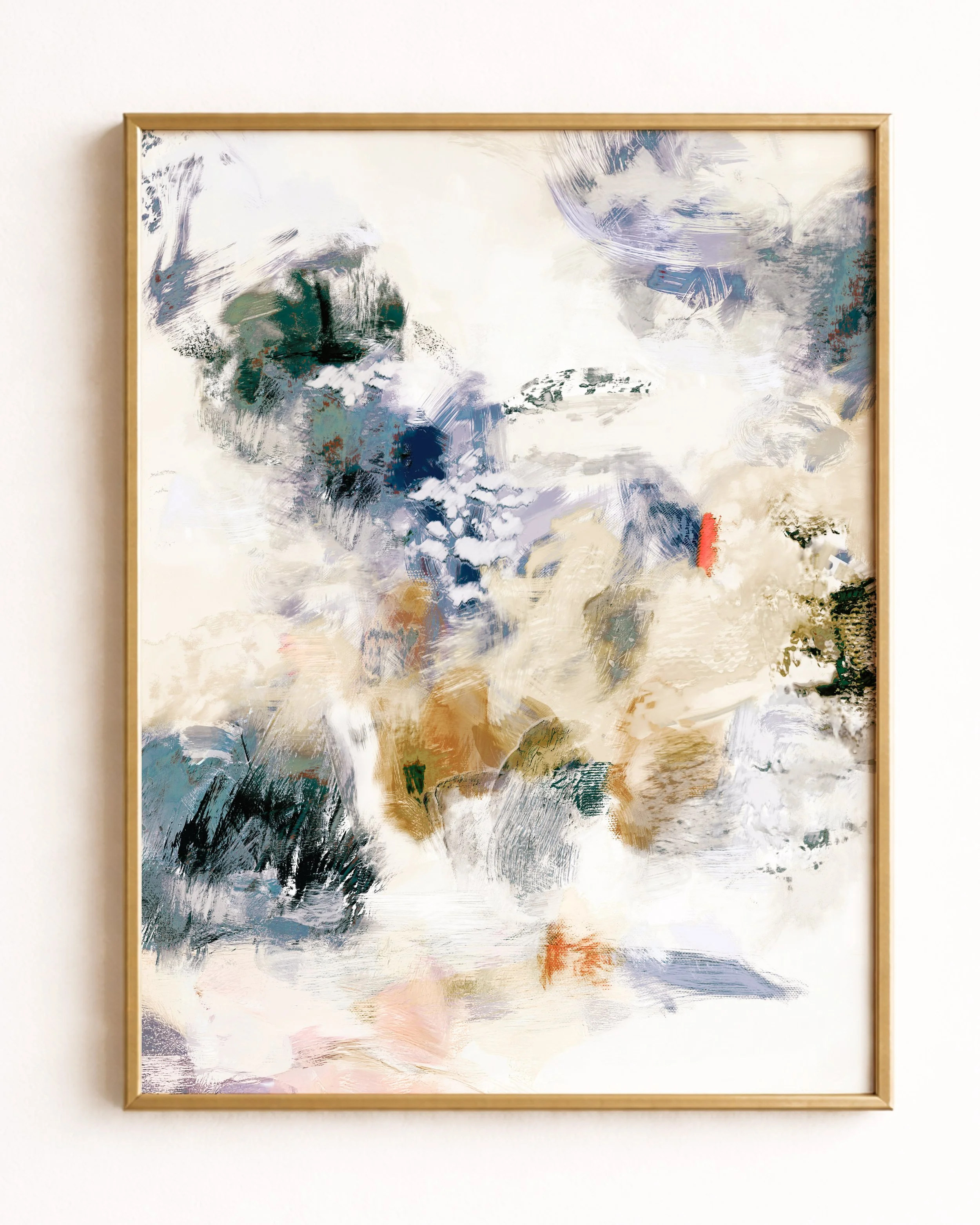Abstract painting with swirling brushstrokes in shades of white, beige, blue, black, green, brown, and red.