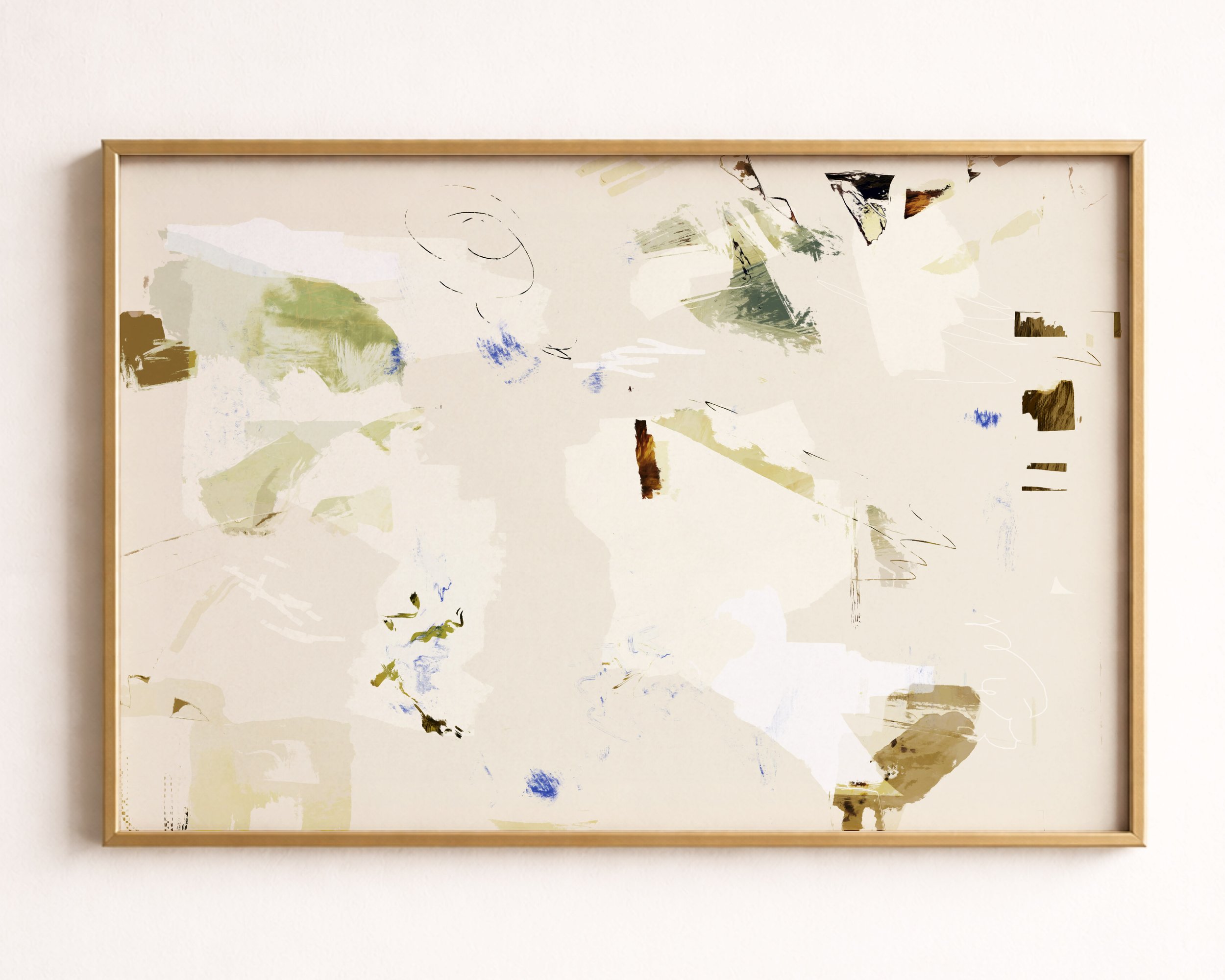 Abstract digital artwork with light background, splashes of green, blue, brown, beige, and black, featuring random brushstrokes, scribbles, and geometric shapes.