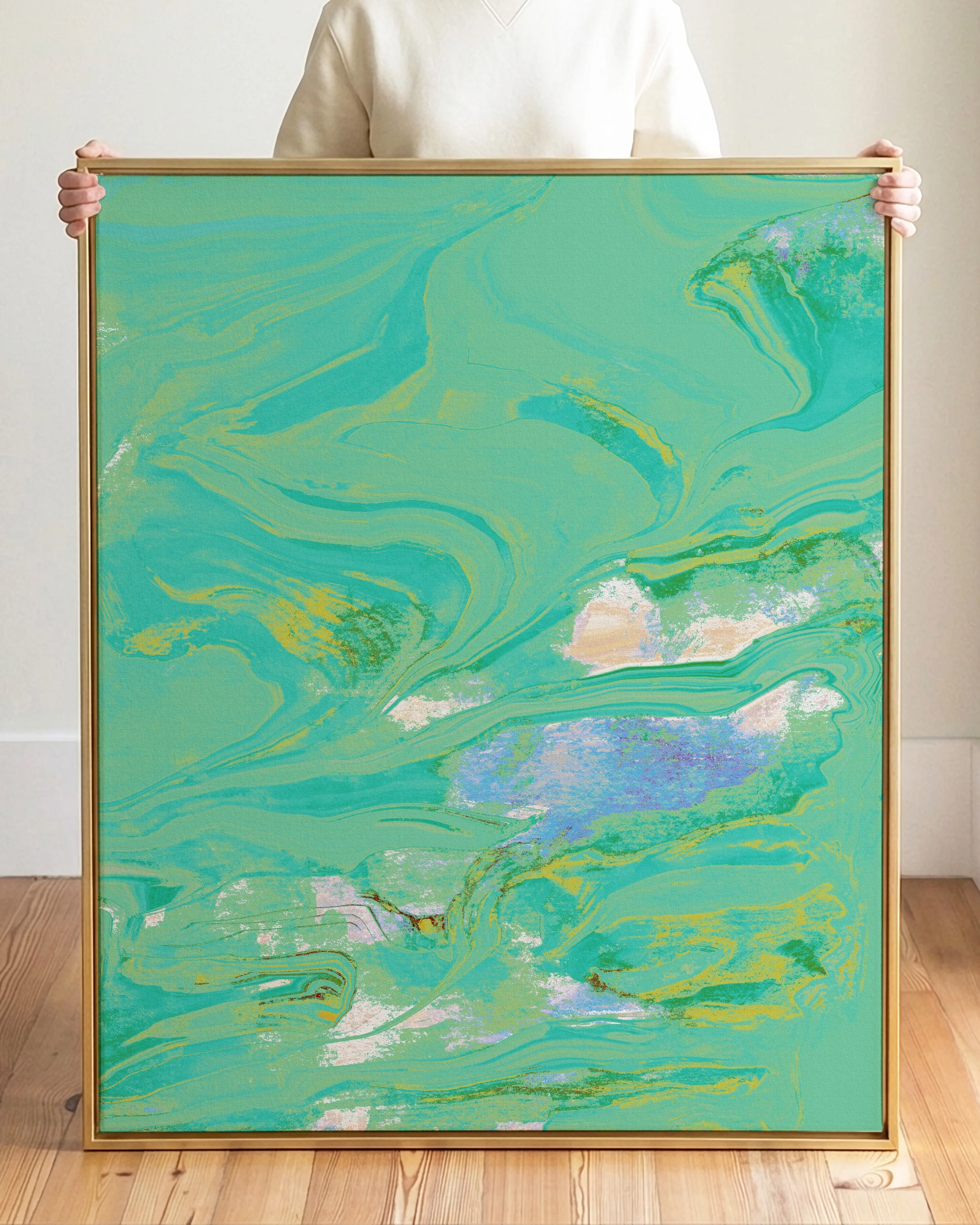 Abstract digital art with swirling shades of green, blue, yellow, purple, and hints of white, resembling marbled patterns.
