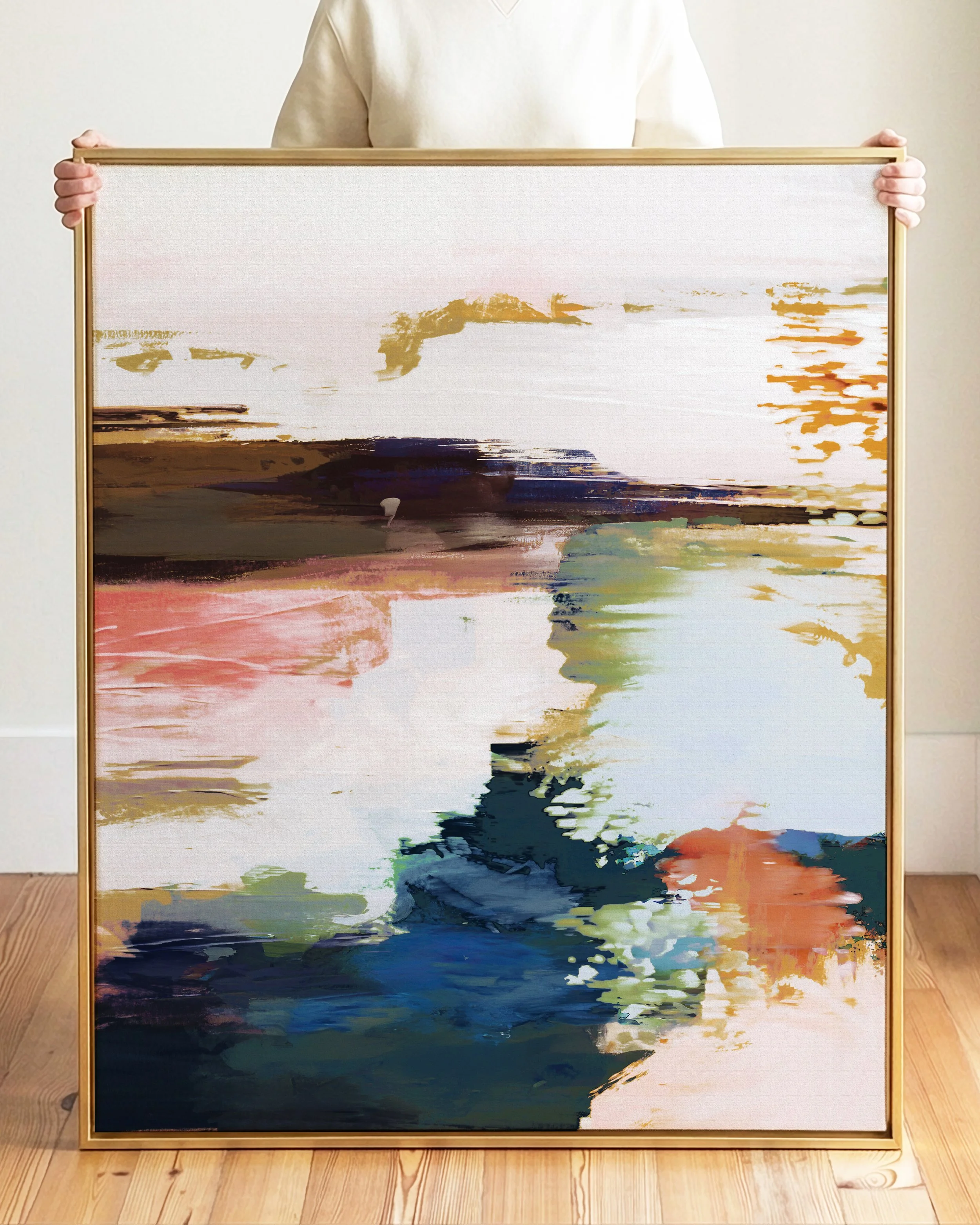 Abstract digital painting with brush strokes in shades of white, pink, brown, dark blue, green, and orange.