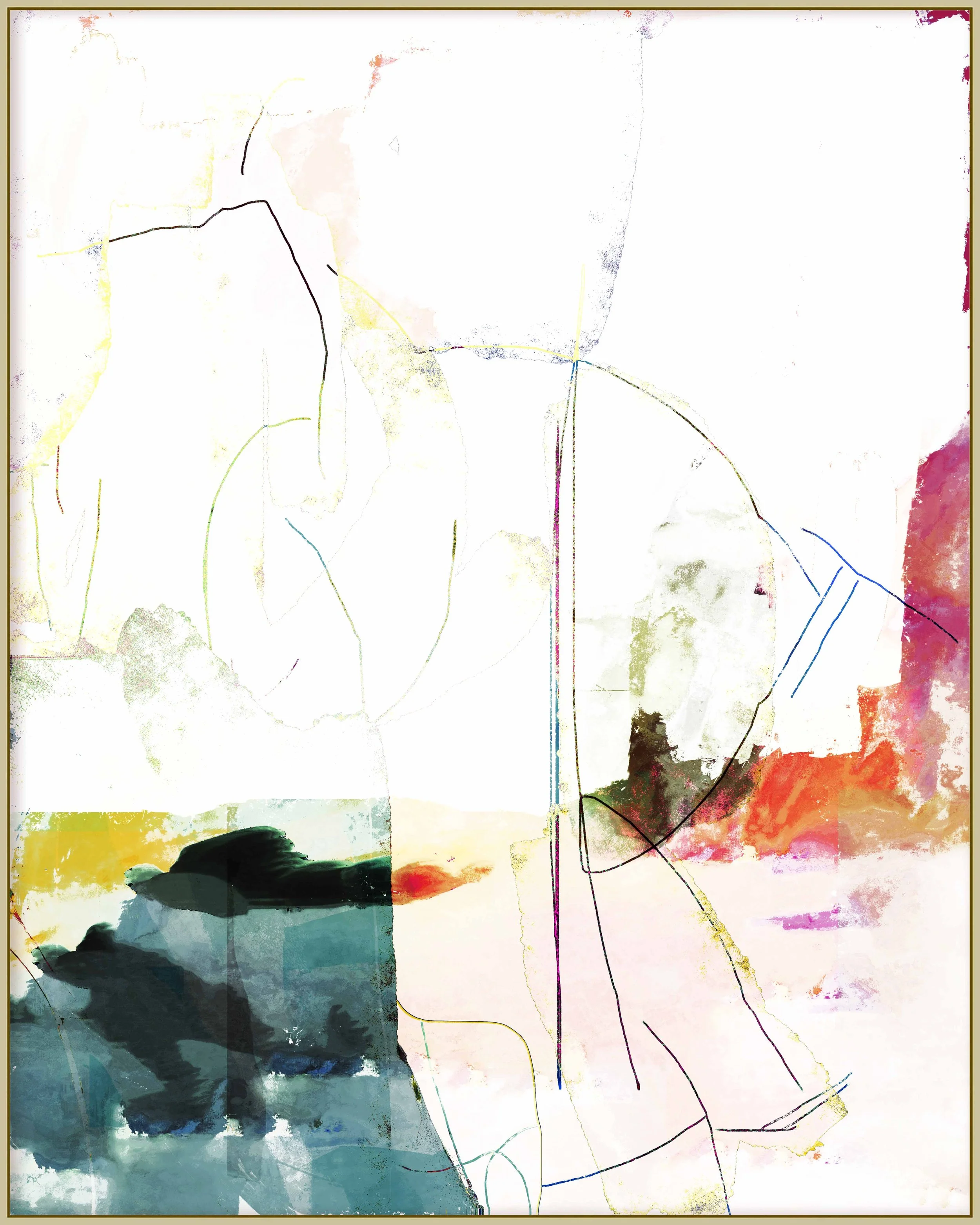 Abstract artwork with faint lines, watercolor textures, and a small photograph of a bird on the water in the bottom left corner.