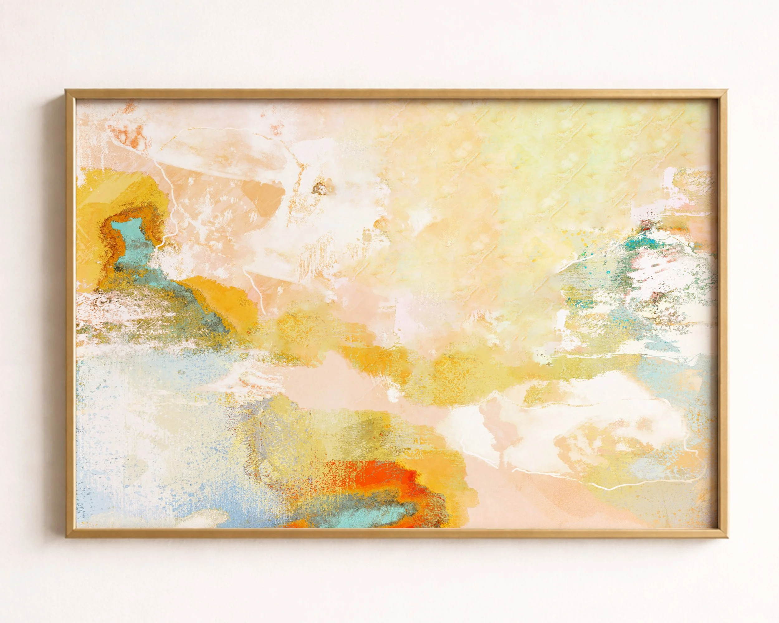 Abstract watercolor painting with pastel shades of yellow, peach, blue, and hints of orange, featuring soft textures and flowing forms.