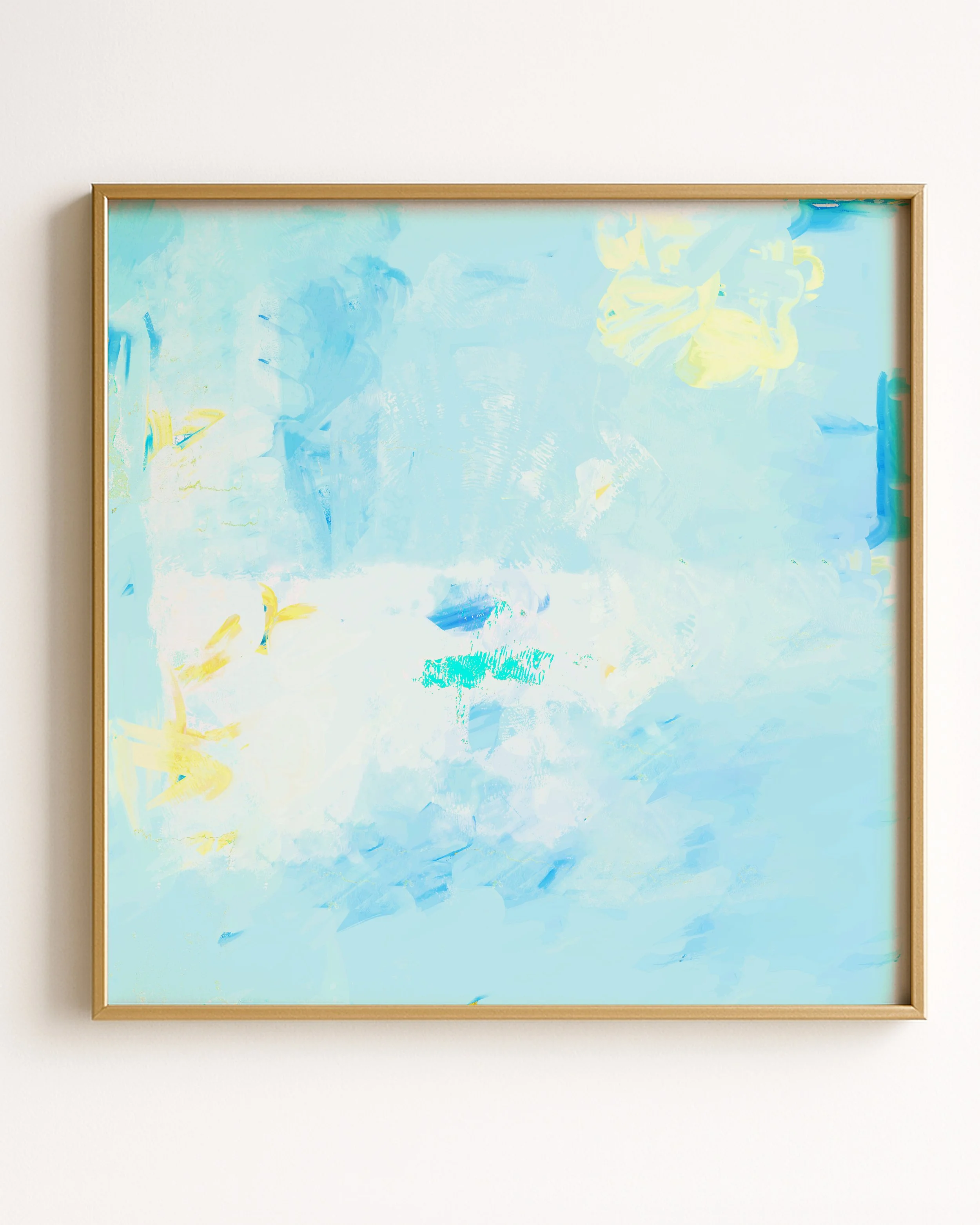 An abstract painting with a predominantly light blue background, featuring soft yellow and white brushstrokes and hints of turquoise.