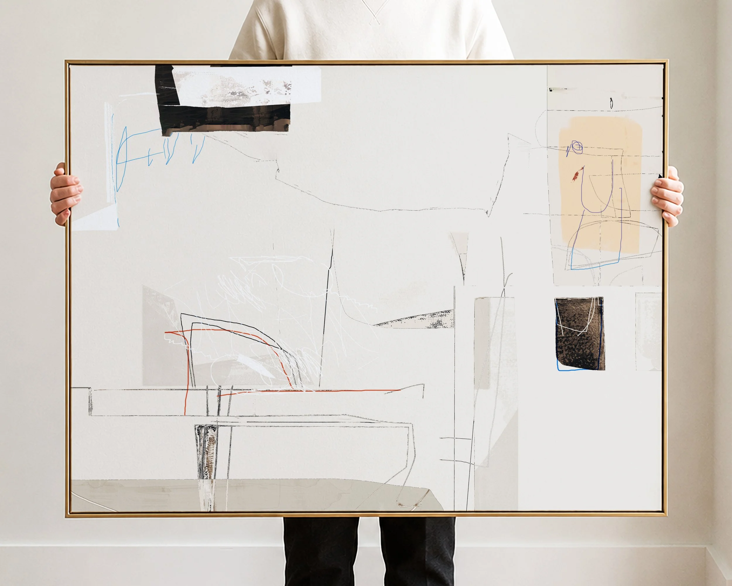 Abstract artwork with various shapes, lines, and colors including black, brown, blue, orange, and white.