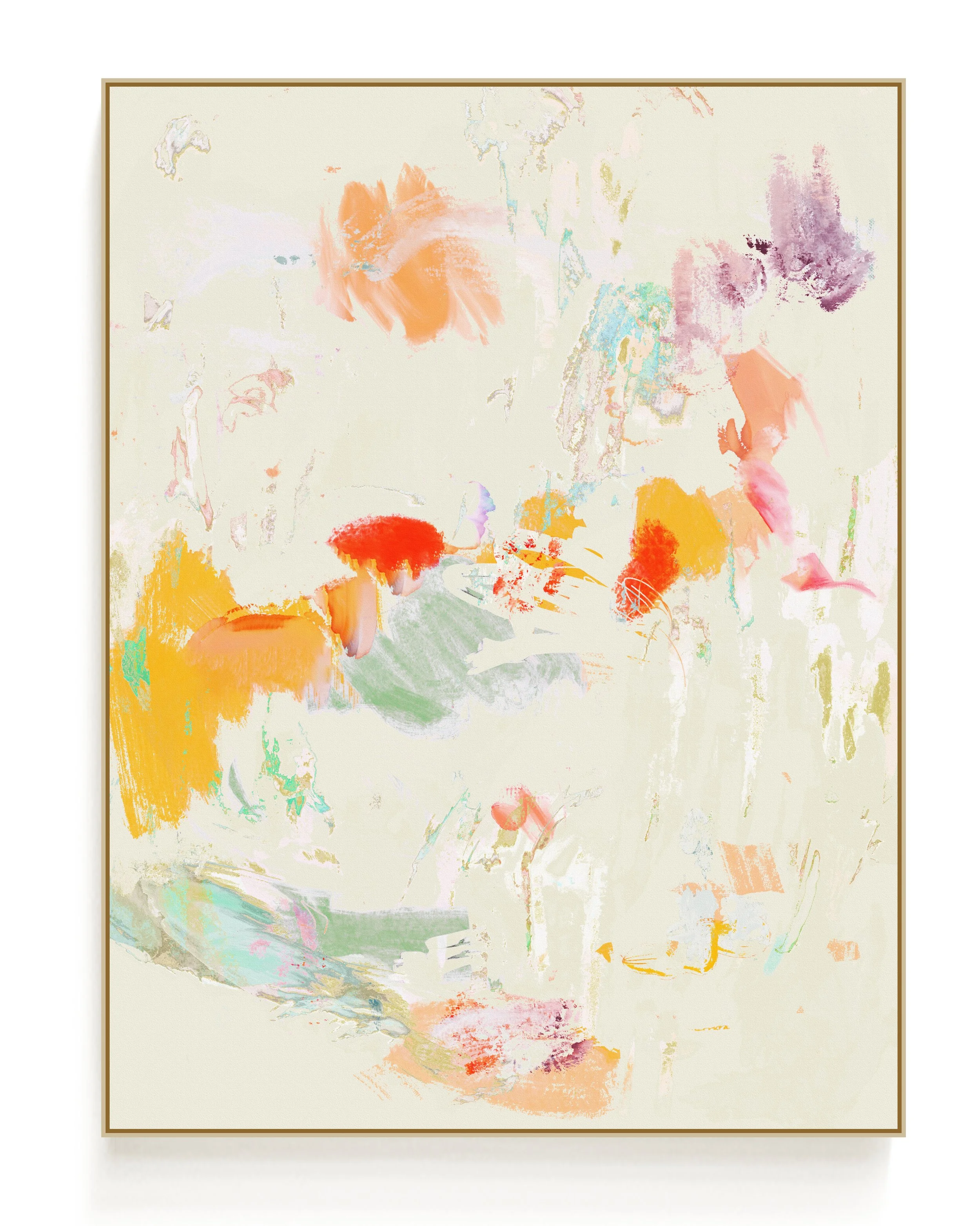 Abstract watercolor painting with pastel shades of pink, blue, yellow, orange, purple, and green on a light cream background.