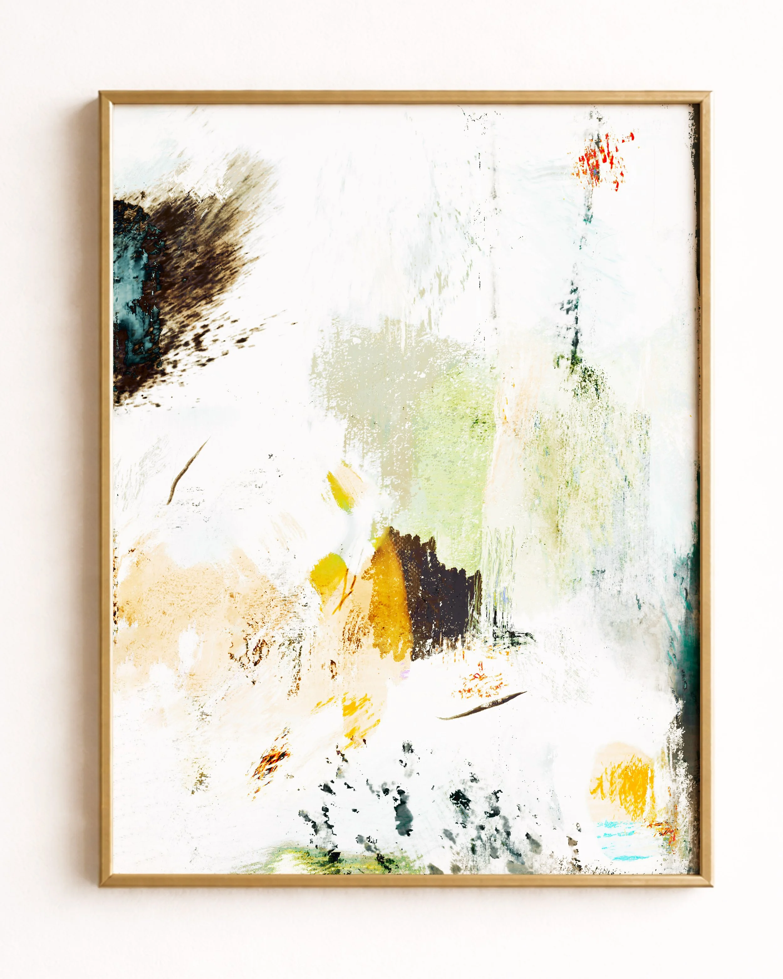 Abstract artwork with splashes of color including white, beige, brown, yellow, black, green, orange, and hints of red.