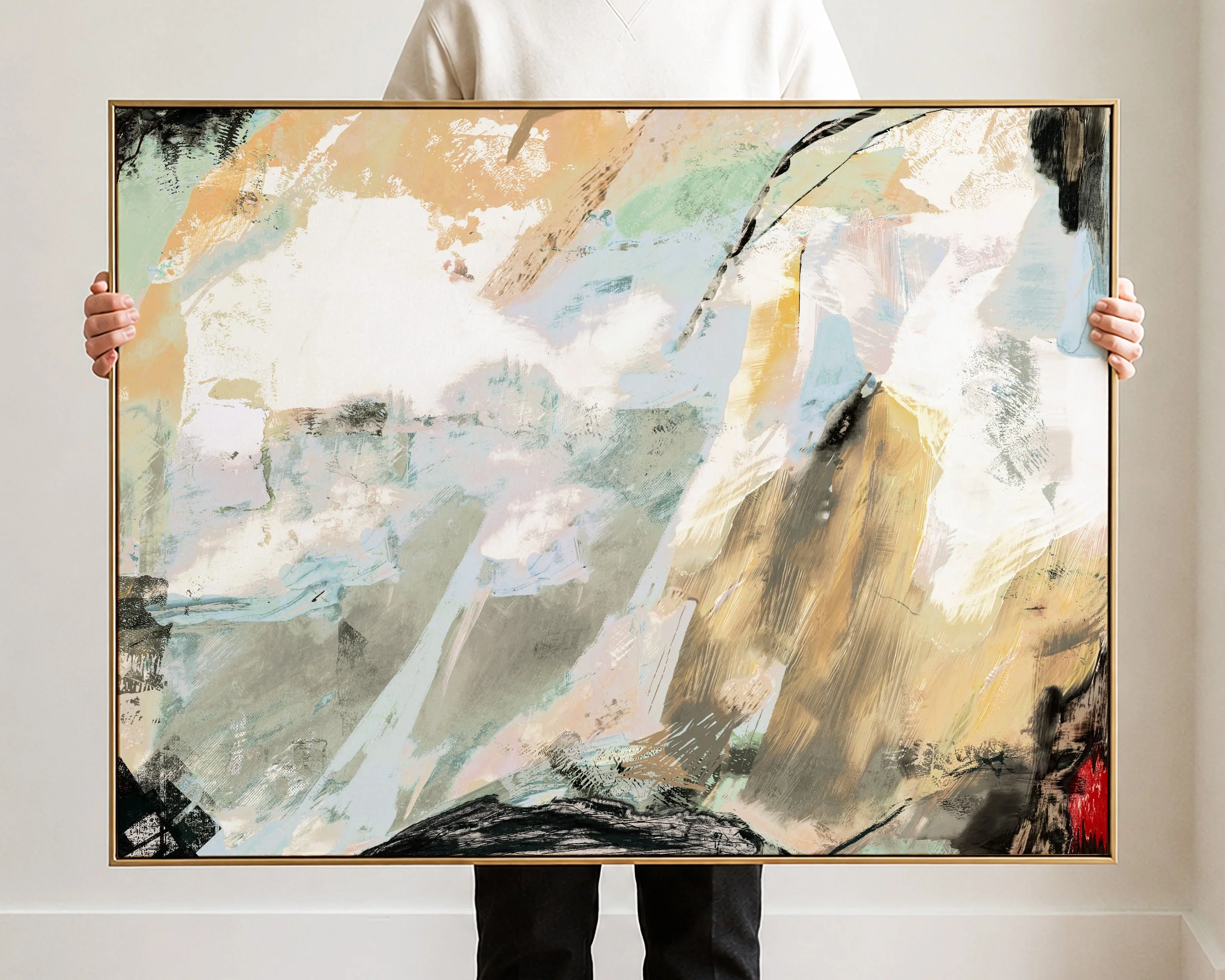 Abstract painting with soft pastel colors, brush strokes, and textured layers.