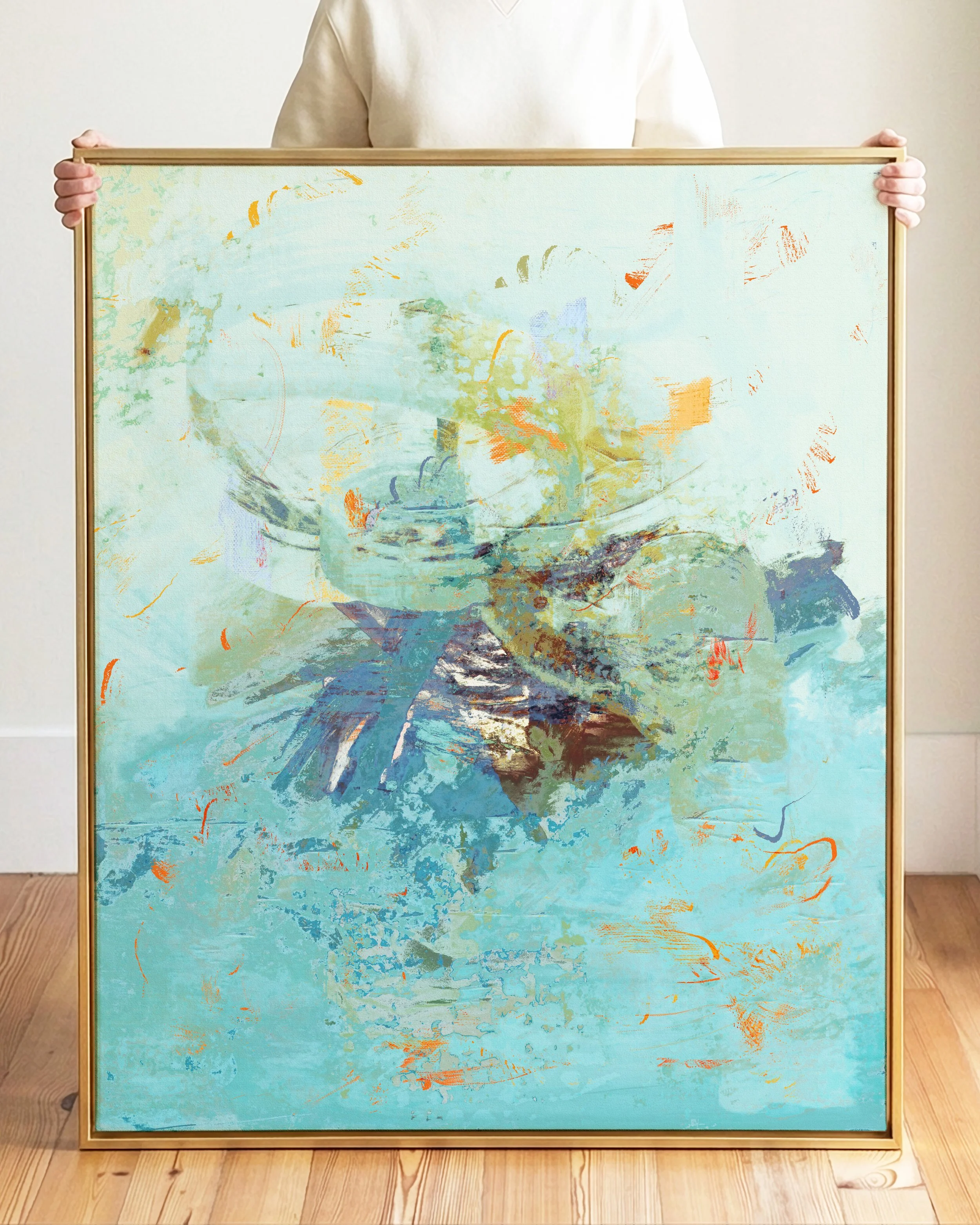 Abstract painting with a splash of light colors including blue, orange, yellow, and purple, with brushstrokes and textured layers.