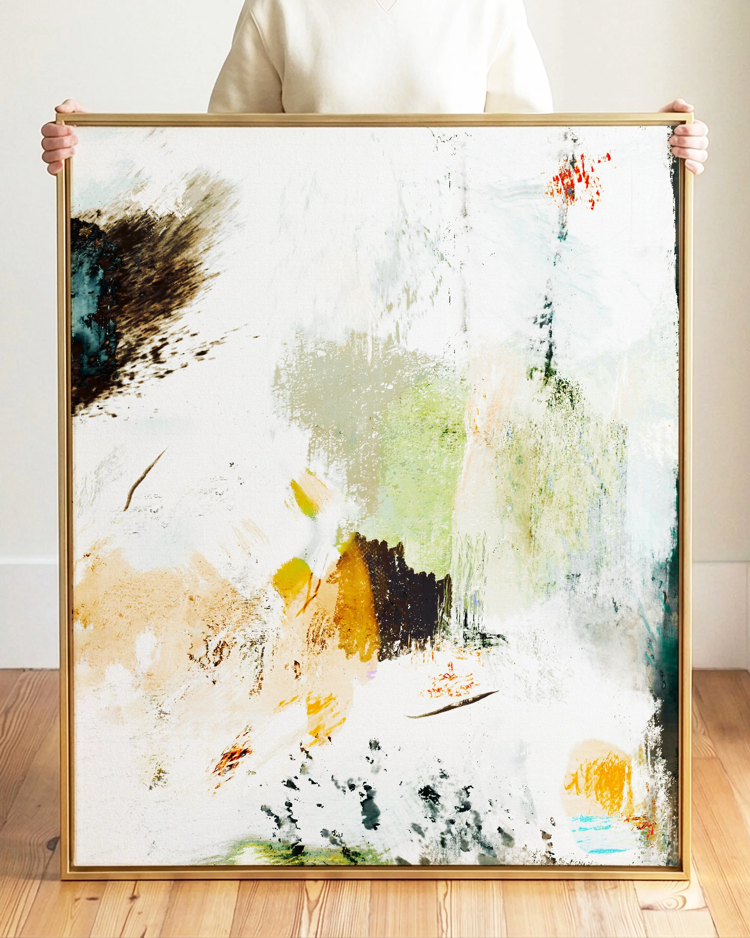 Abstract artwork with splashes of color including white, beige, brown, yellow, black, green, orange, and hints of red.
