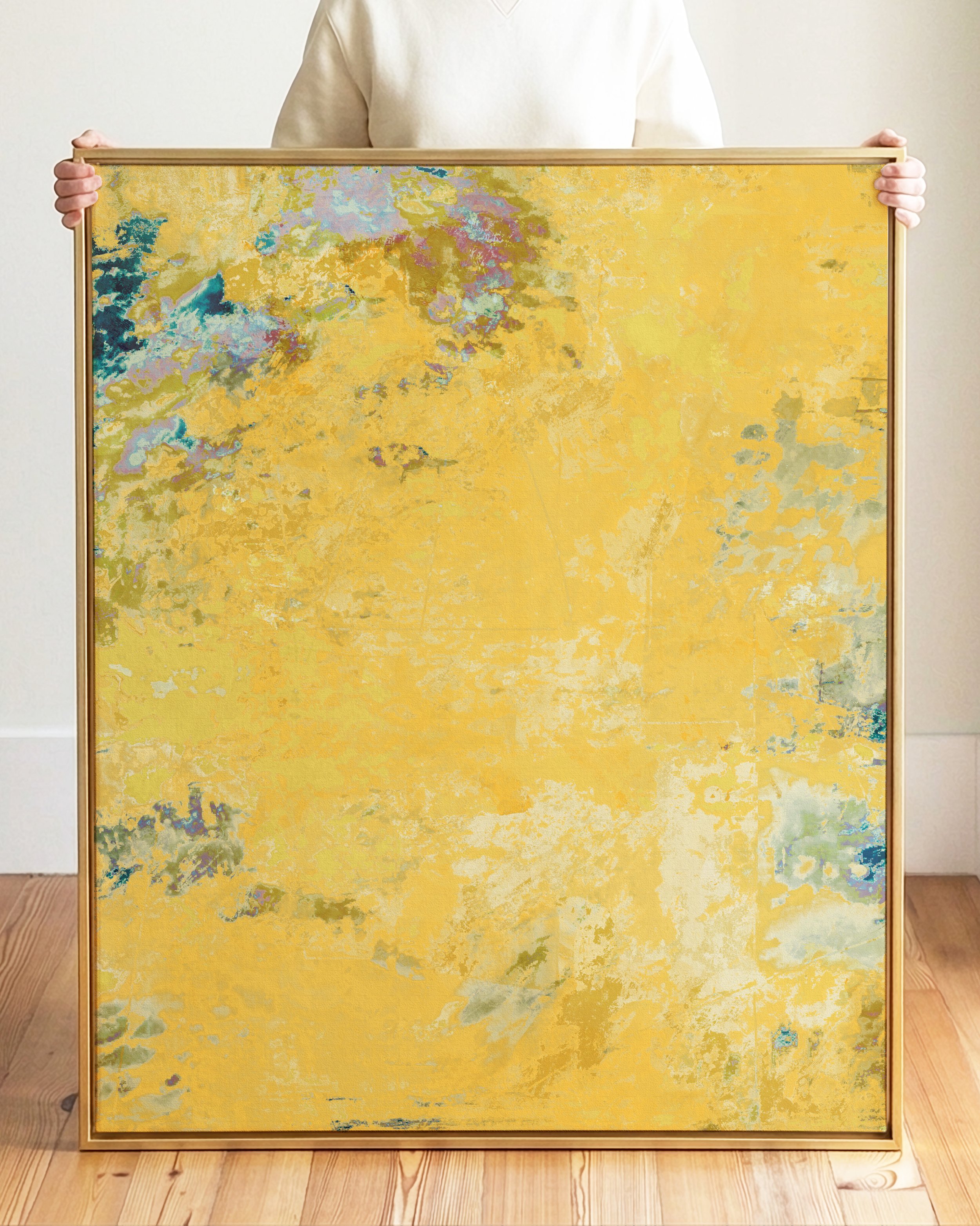 Abstract painting with a yellow background, featuring patches and streaks of blue, green, purple, and white in the upper left and lower left corners.