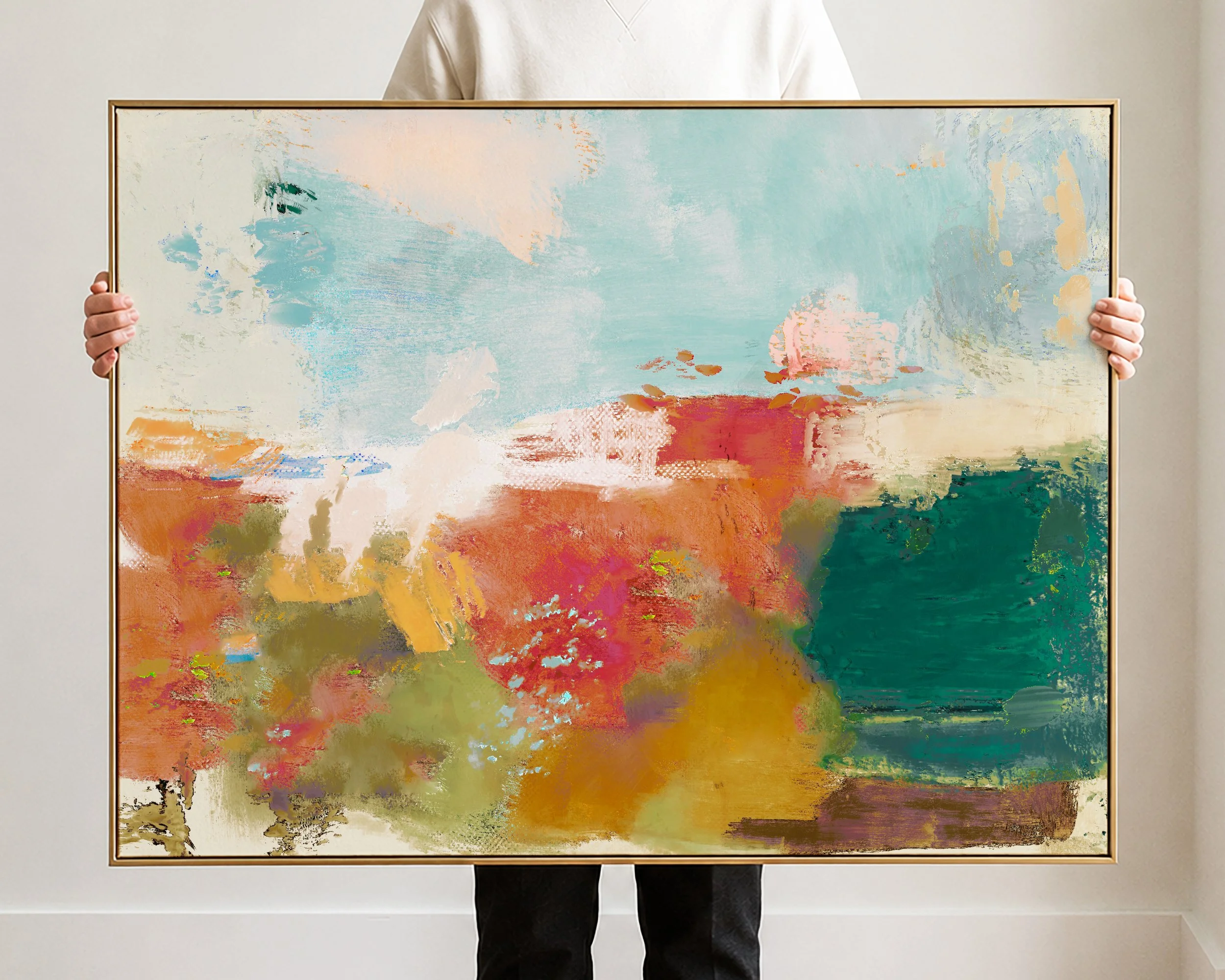 Abstract painting with a mix of pastel and earth-tone colors, including blue, pink, green, orange, and beige.