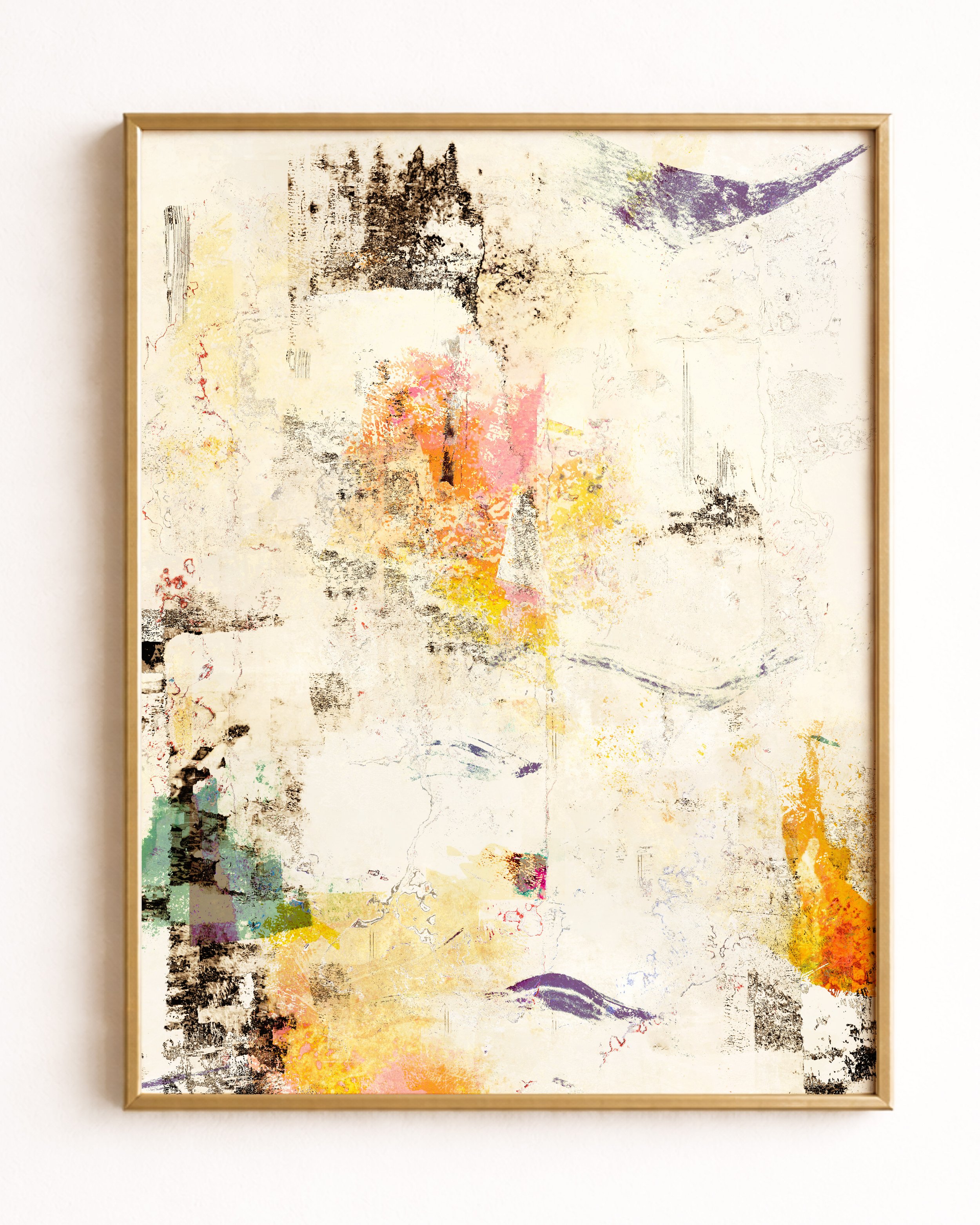 Abstract artwork with muted earthy tones, pink, yellow, purple, black, and white, featuring textured and smudged brushstrokes.