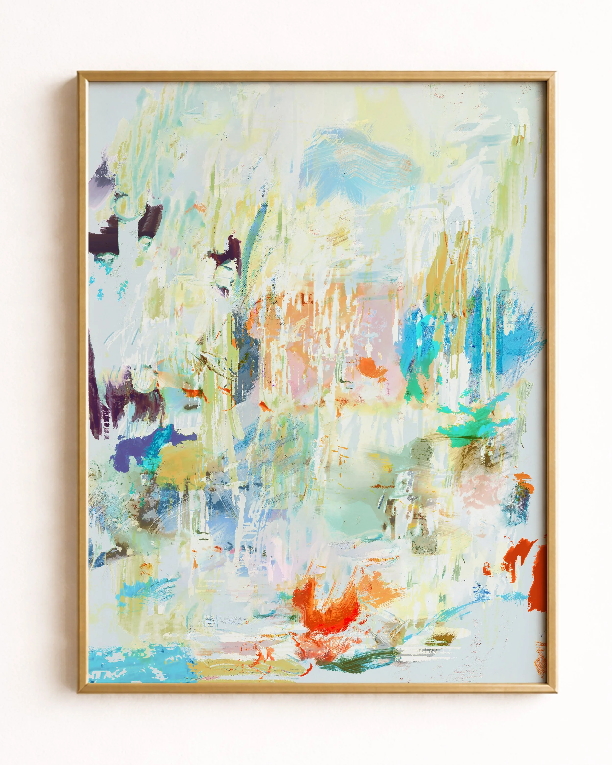 An abstract paintings with a mix of pastel and bright colors, including blues, oranges, greens, and whites, created with brushstrokes and smudges.