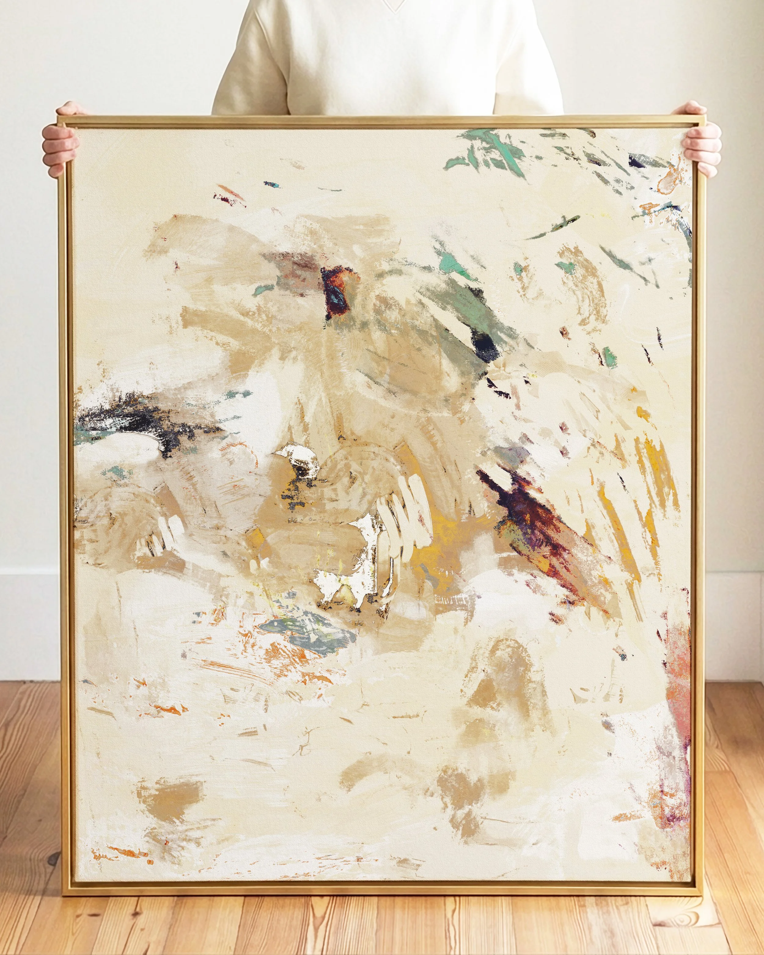 Abstract painting with beige, brown, green, and white colors, with some darker accents and brushstrokes.