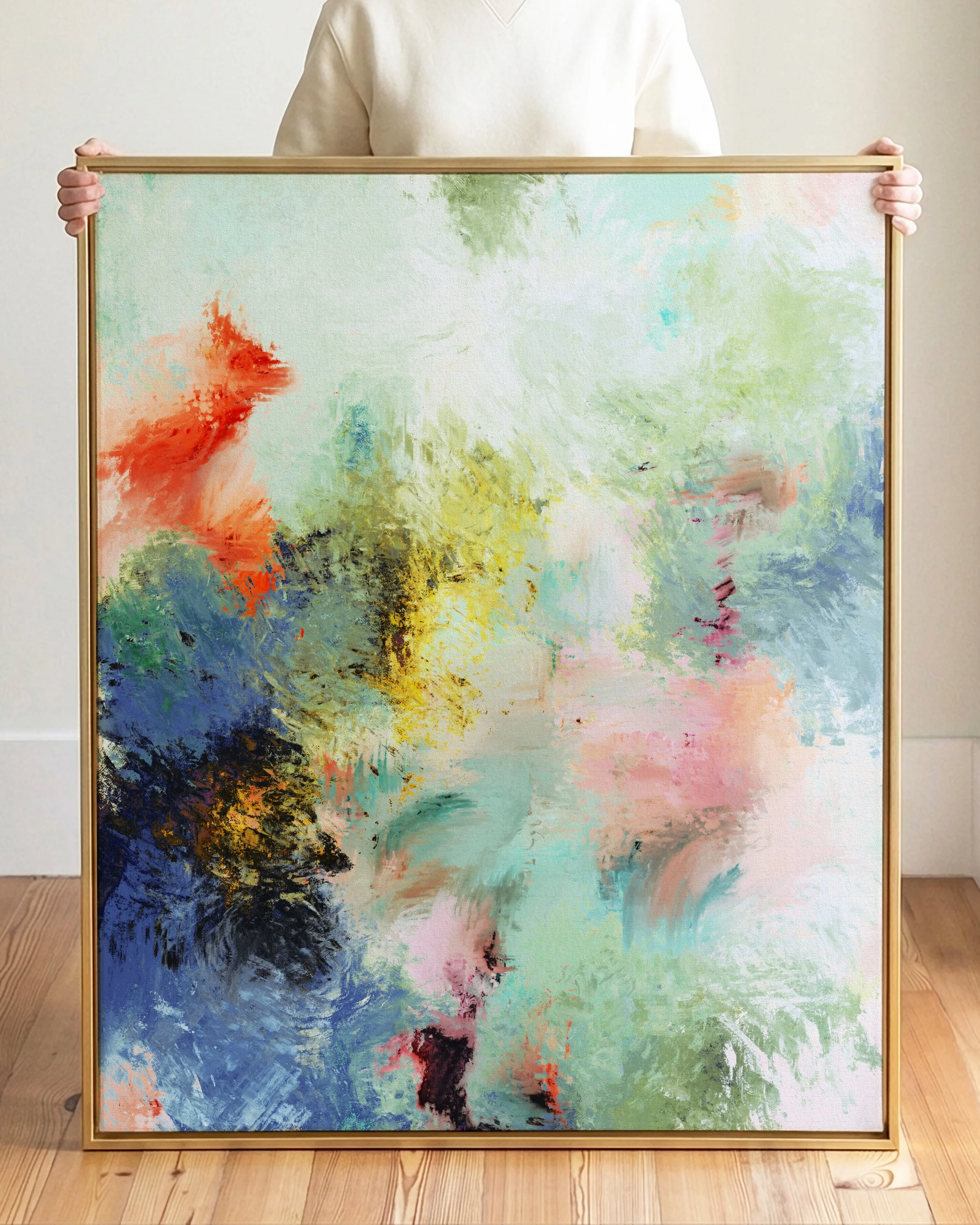 Abstract painting with pastel colors including green, blue, yellow, pink, orange, and black, with brushstroke textures.