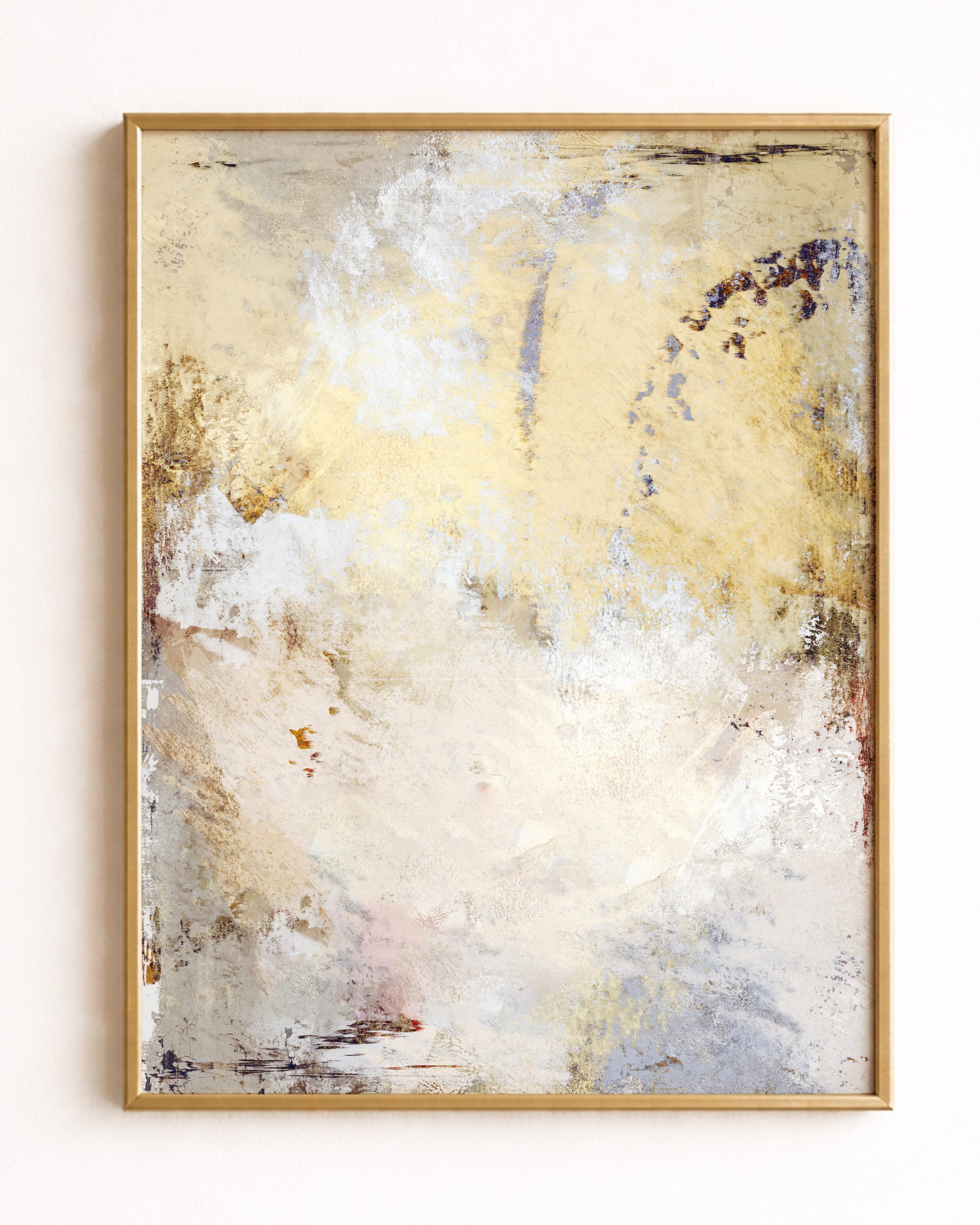 Abstract artistic painting with light beige, cream, and hints of yellow, brown, and purple colors.