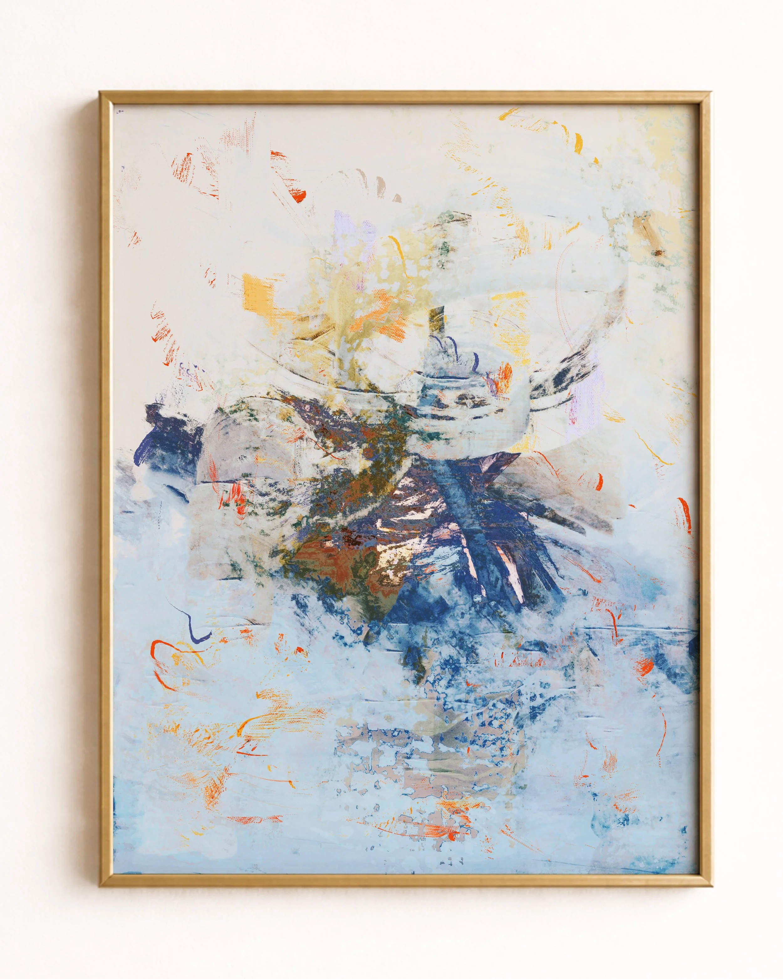 Abstract painting with a splash of light colors including blue, orange, yellow, and purple, with brushstrokes and textured layers.