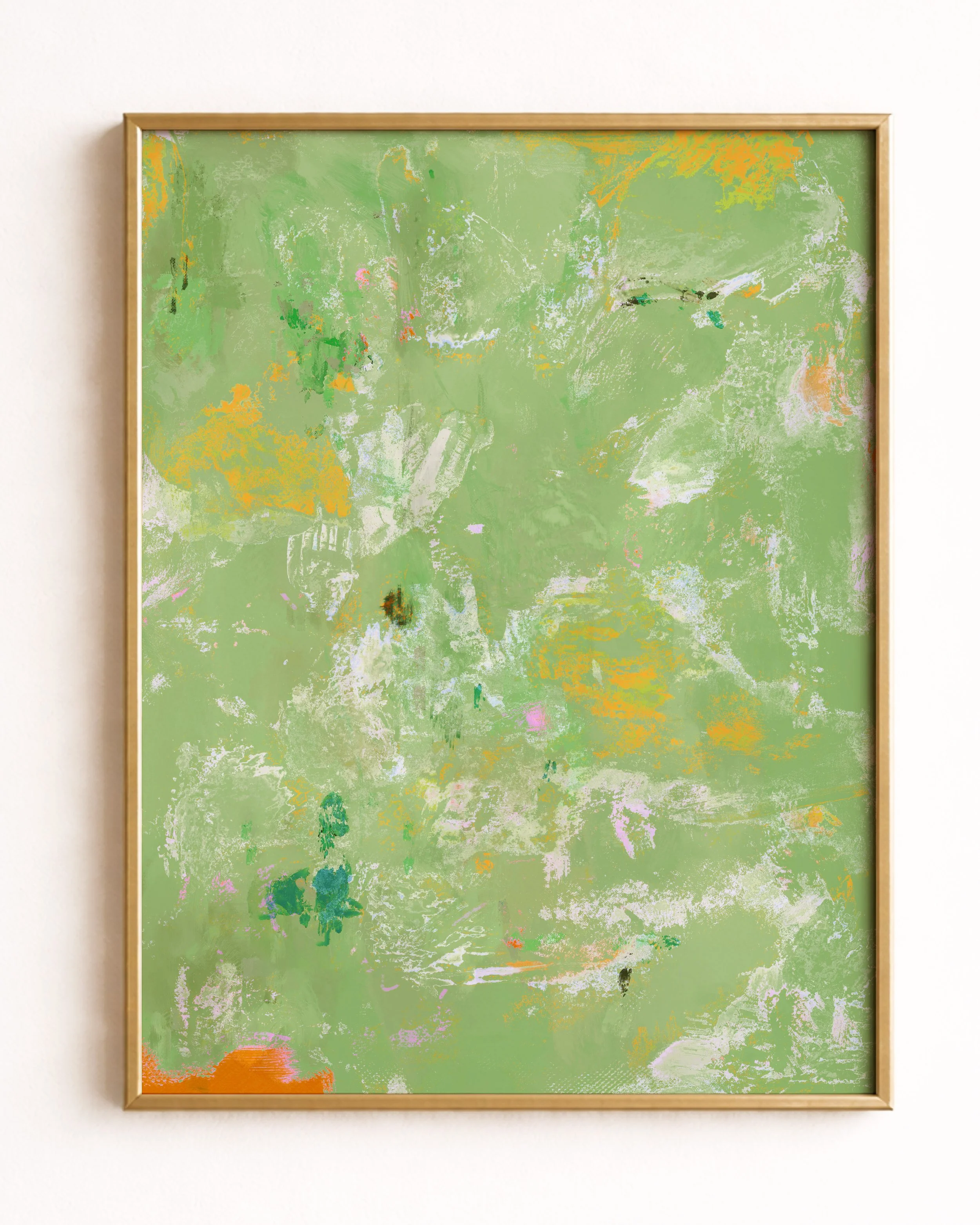 Abstract pastel-colored texture with green, orange, pink, white, and black brushstrokes and smudges.