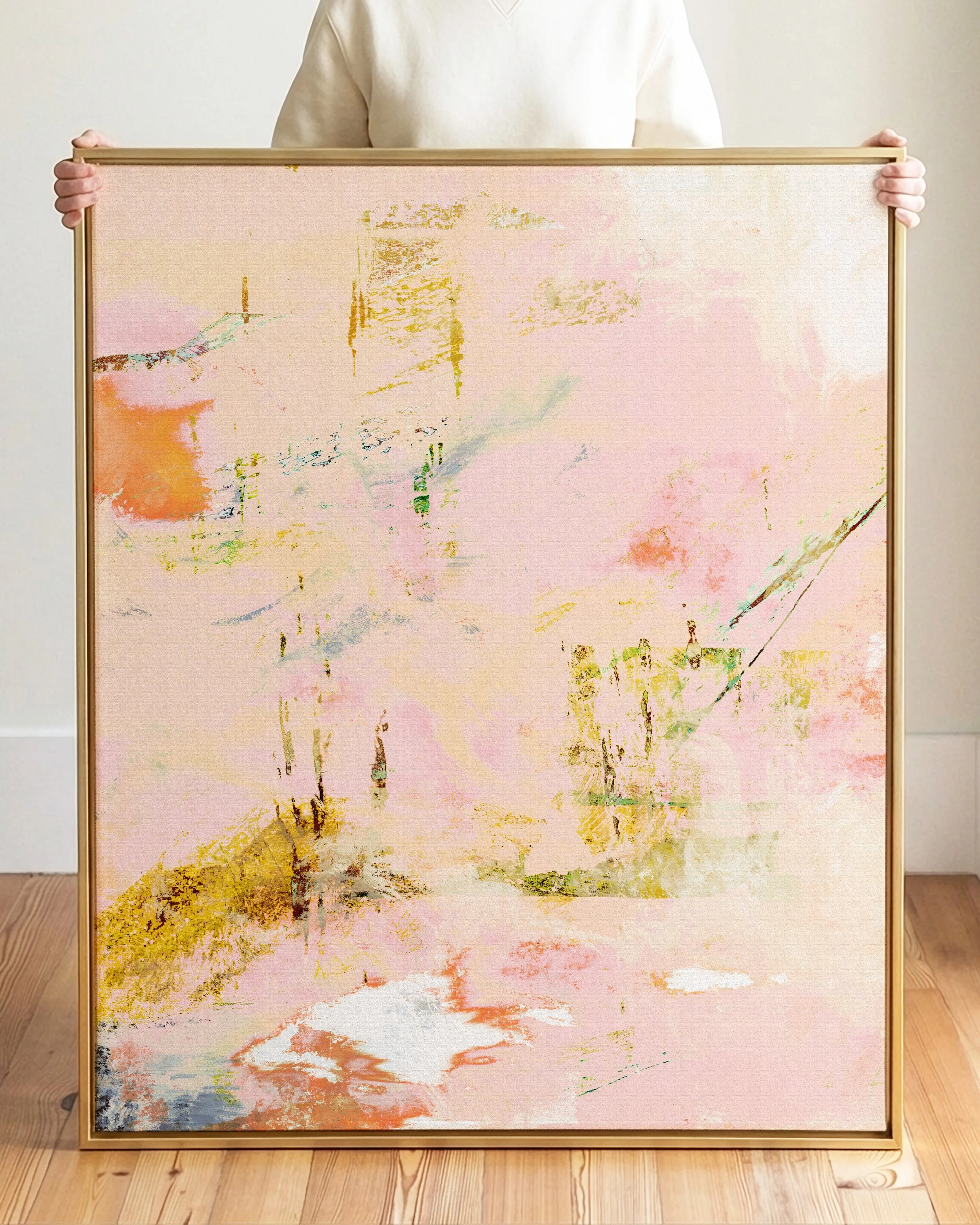 Abstract painting with soft pastel colors and textured brushstrokes.