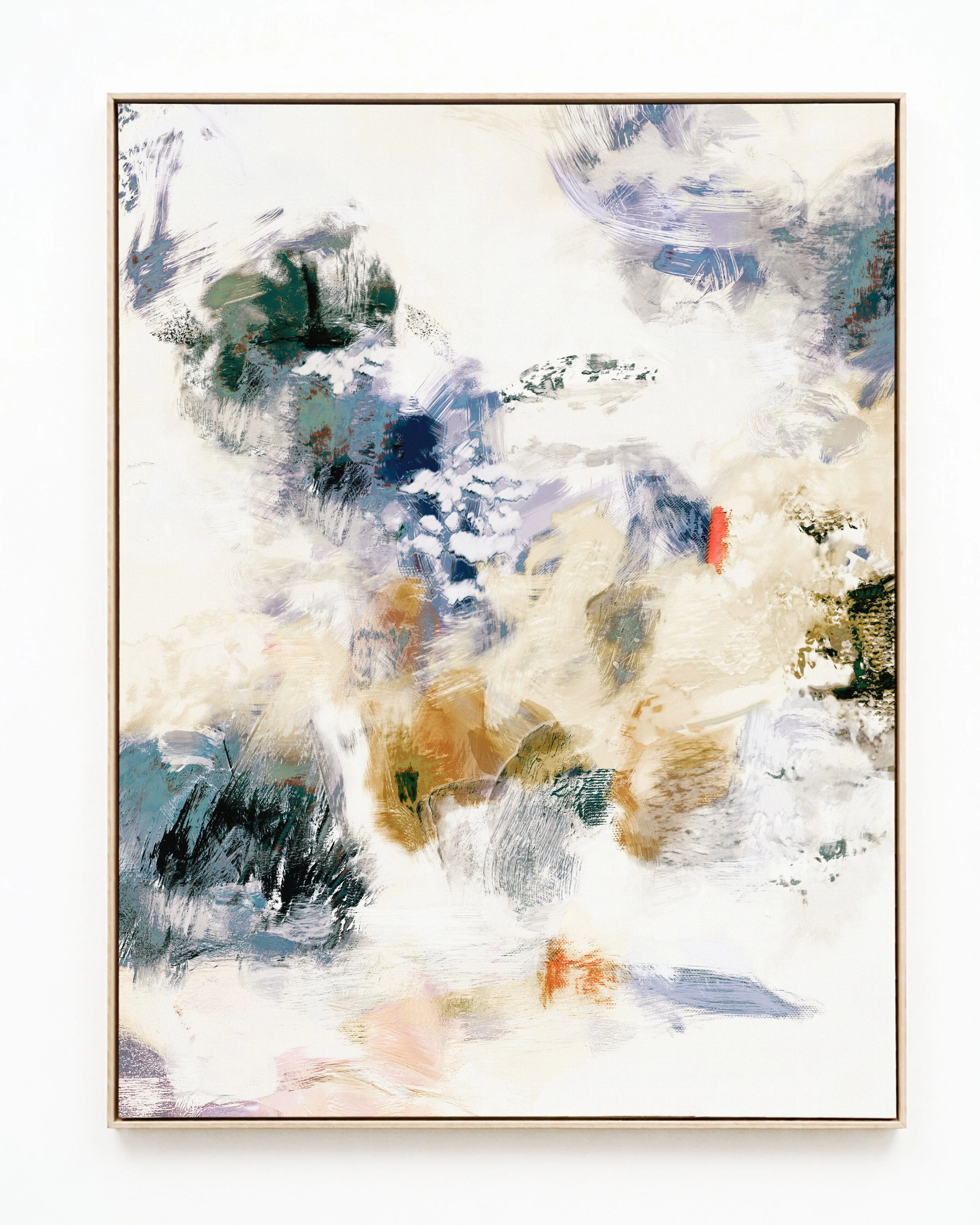 Abstract painting with swirling brushstrokes in shades of white, beige, blue, black, green, brown, and red.