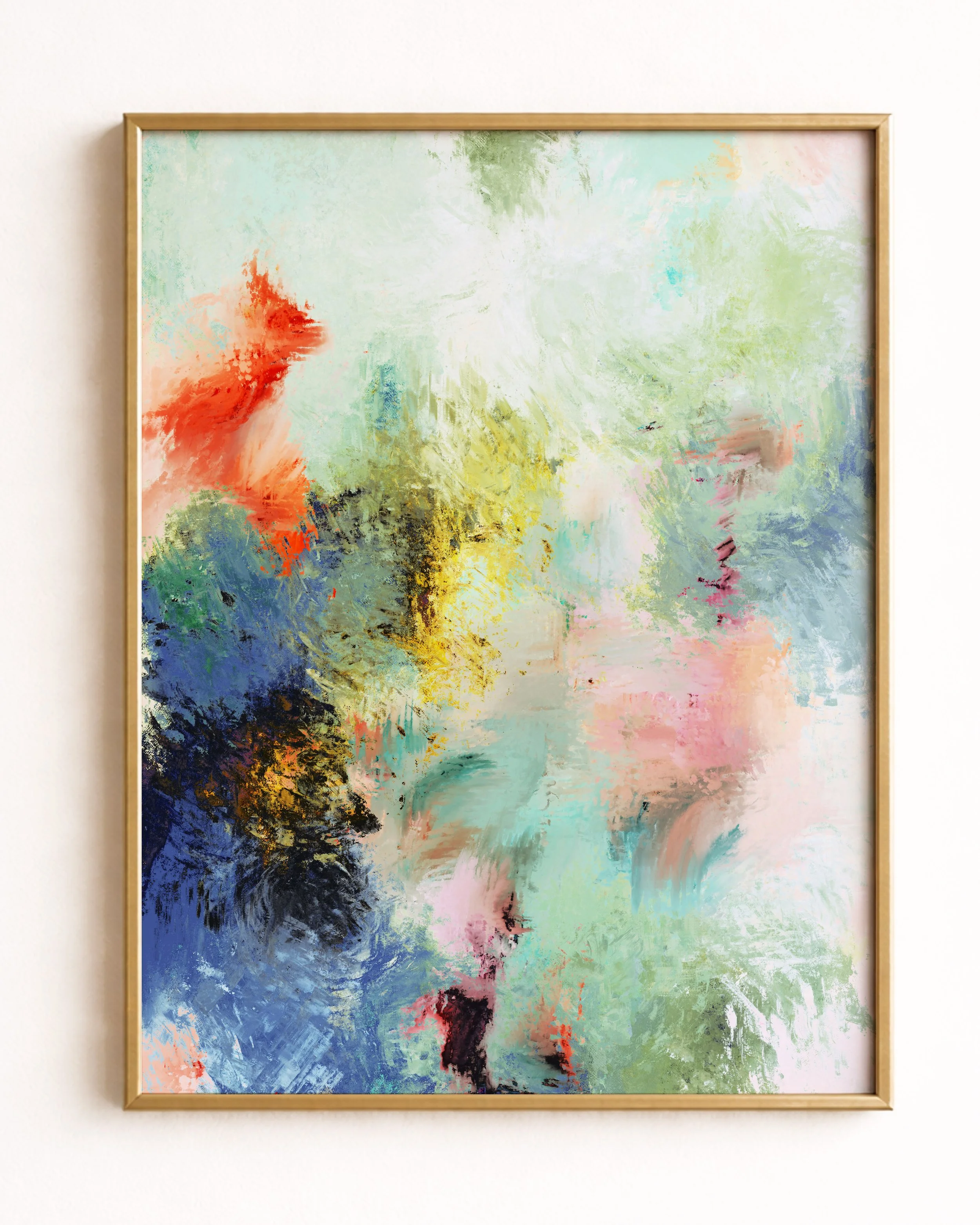 Abstract painting with pastel colors including green, blue, yellow, pink, orange, and black, with brushstroke textures.