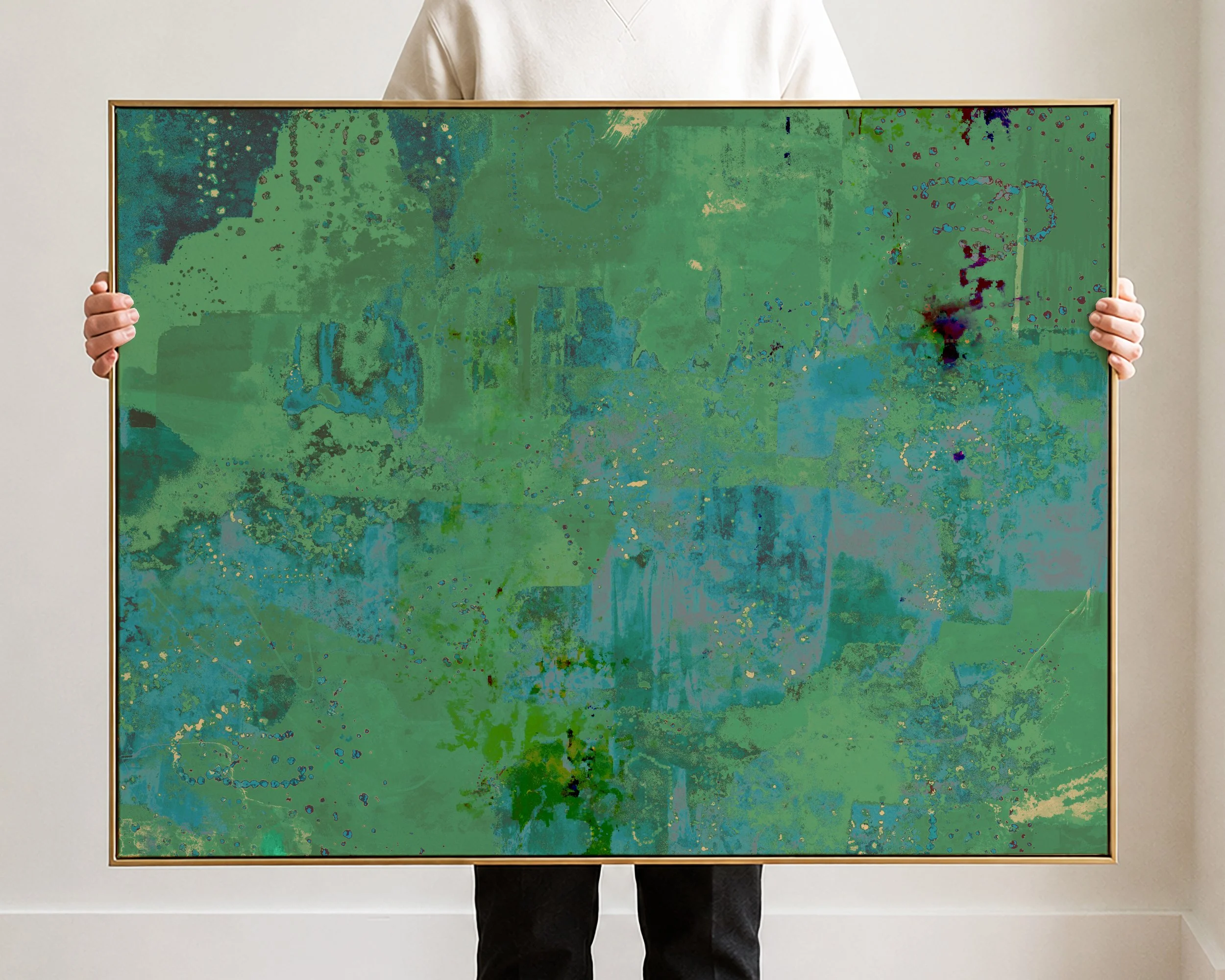 Abstract digital art with various shades of green, blue, and hints of other colors in a textured pattern.