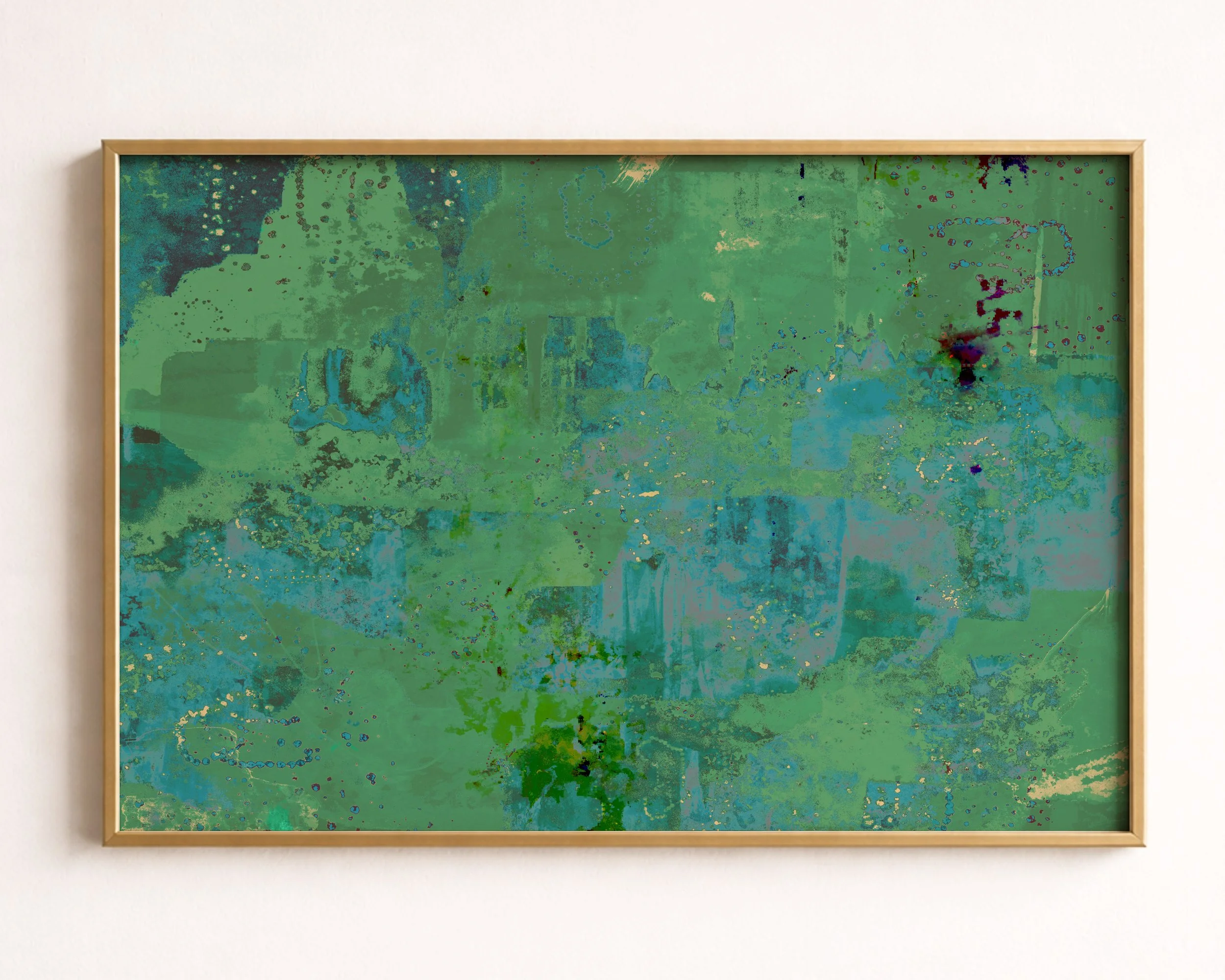 Abstract digital art with various shades of green, blue, and hints of other colors in a textured pattern.